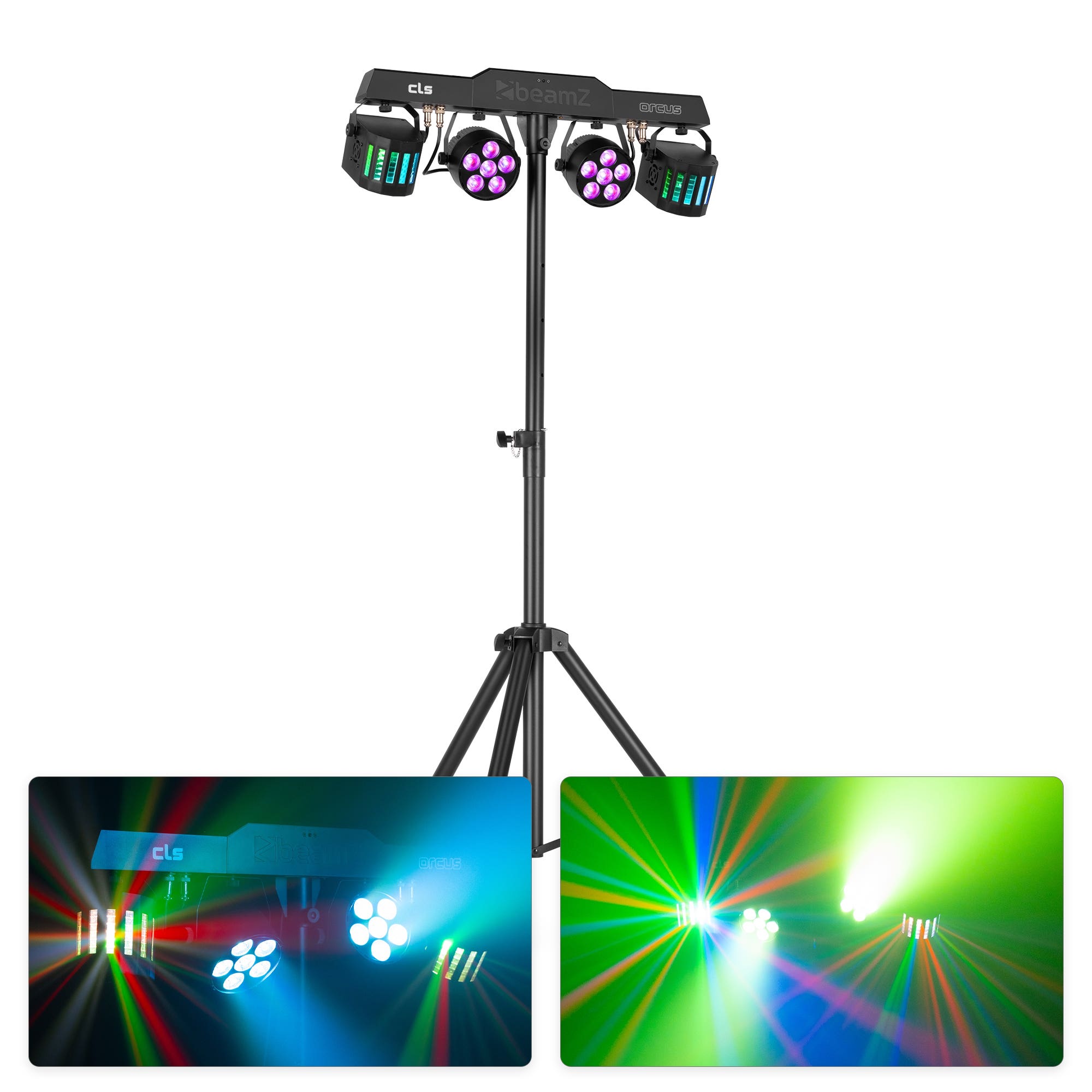 BeamZ CLS Orcus Party Bar – Barra de iluminación con 2 focos LED PAR RGBW DMX, 2 efectos dinámicos tipo derby y soporte ajustable incluido, color negro