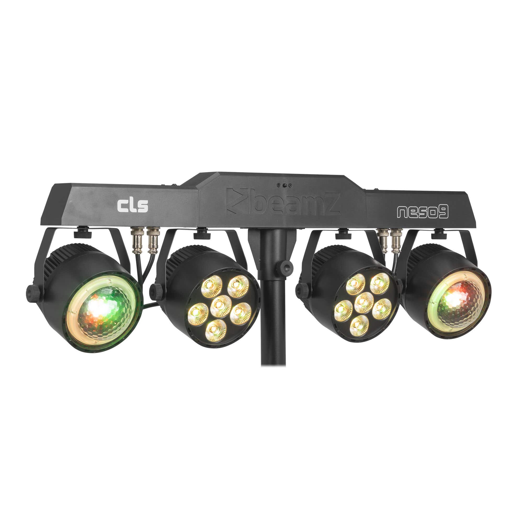 BeamZ CLS Neso9 Party Bar – Barra de iluminación con 2 focos LED PAR RGBW DMX, 2 efectos dinámicos y soporte ajustable incluido, color negro
