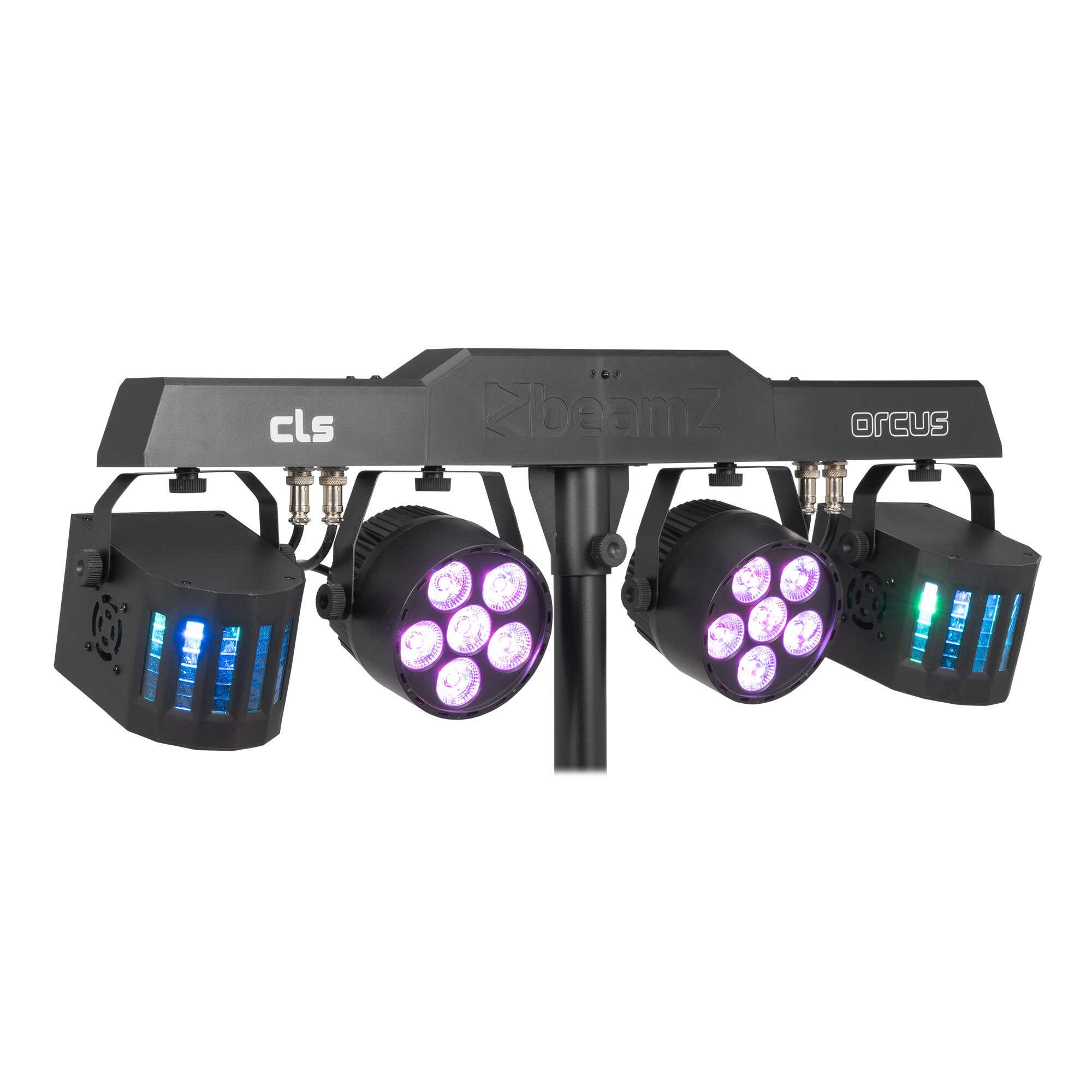 BeamZ CLS Orcus Party Bar – Barra de iluminación con 2 focos LED PAR RGBW DMX, 2 efectos dinámicos tipo derby y soporte ajustable incluido, color negro