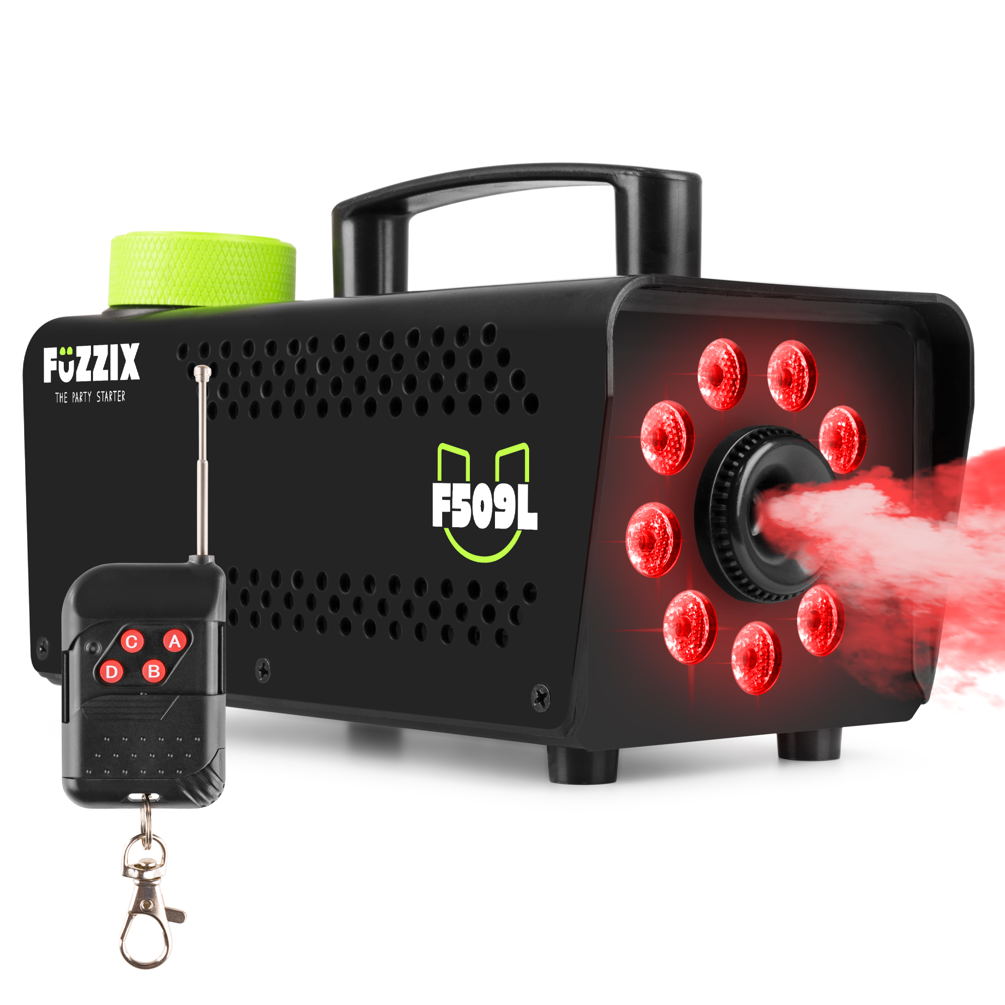 Fuzzix F509L Máquina de humo para fiestas de 500 w con 9 LED RGB y mando a distancia inalámbrico