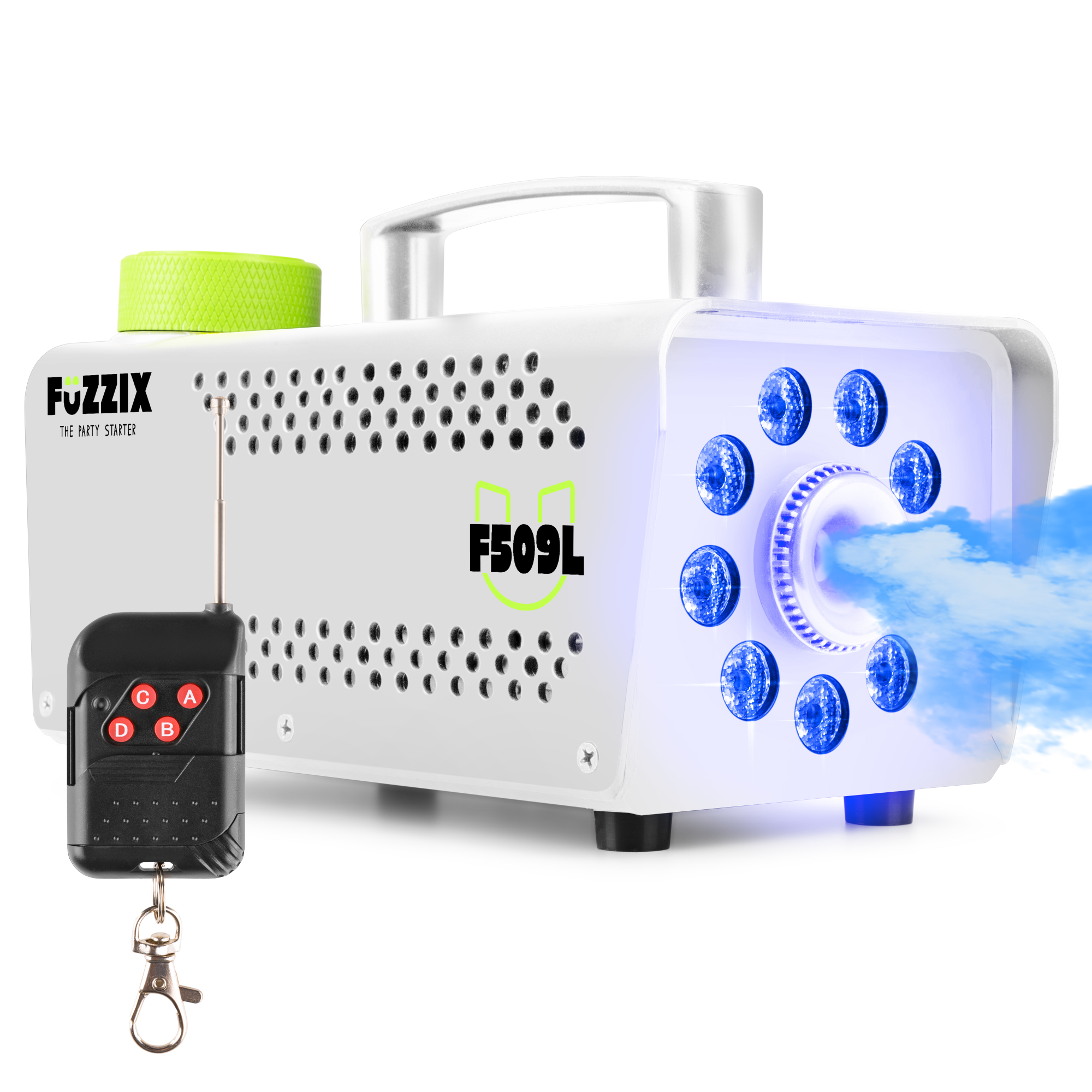 Fuzzix F509LW Máquina de humo para fiestas de 500 w con 9 LED RGB y mando a distancia inalámbrico - Blanco