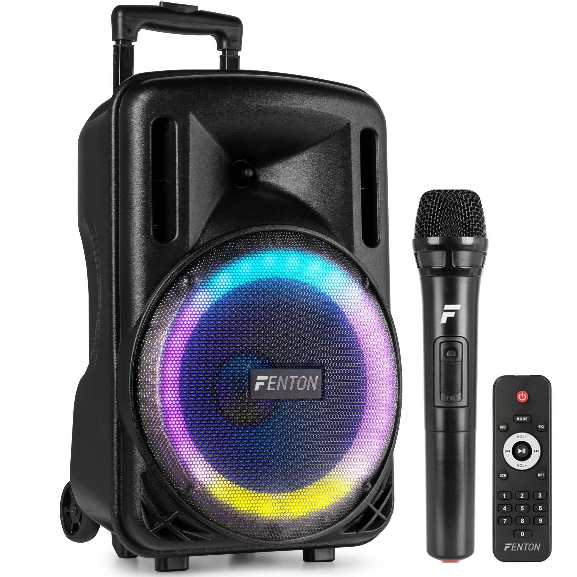 Fenton FT10LED MK2 - Altavoz Activo portátil con batería, 10" 450W, Bluetooth y Micrófono UHF
