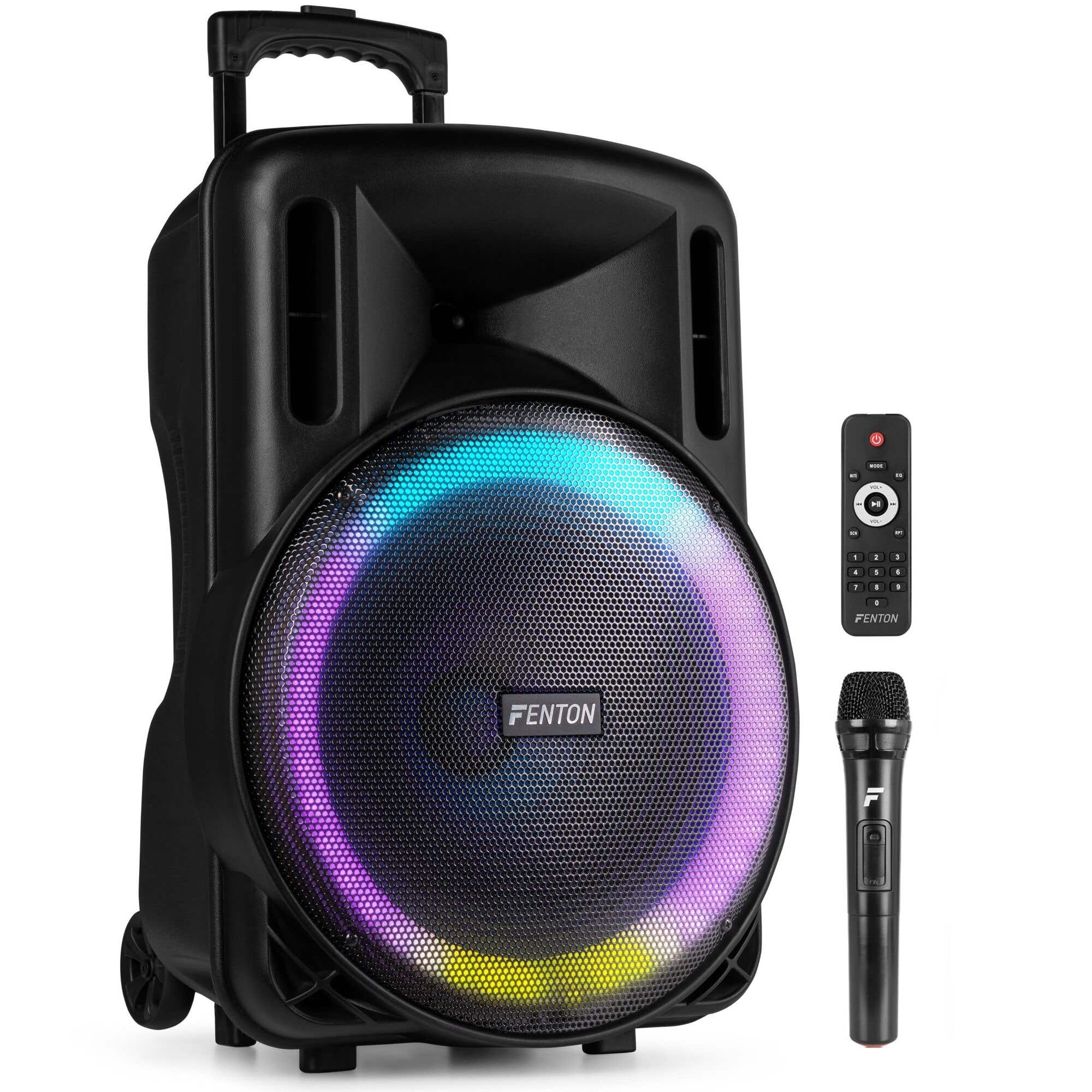 Fenton FT15LED MK2 - Altavoz Activo portátil con batería, 15" 800W, Bluetooth y Micrófono UHF
