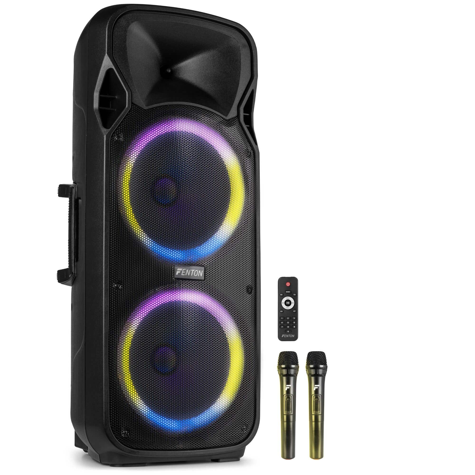Reacondicionado - Fenton FT212LED MK2 - Altavoz Activo portátil con batería, 2x 12" 1400W, Bluetooth y 2 Micrófonos UHF