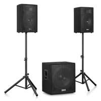 Vonyx VX1218BT – Sistema de sonido 2.1 activo 1200W con Bluetooth 5.3, subwoofer 18”, altavoces 12”, USB/SD, soportes y mando, Color negro