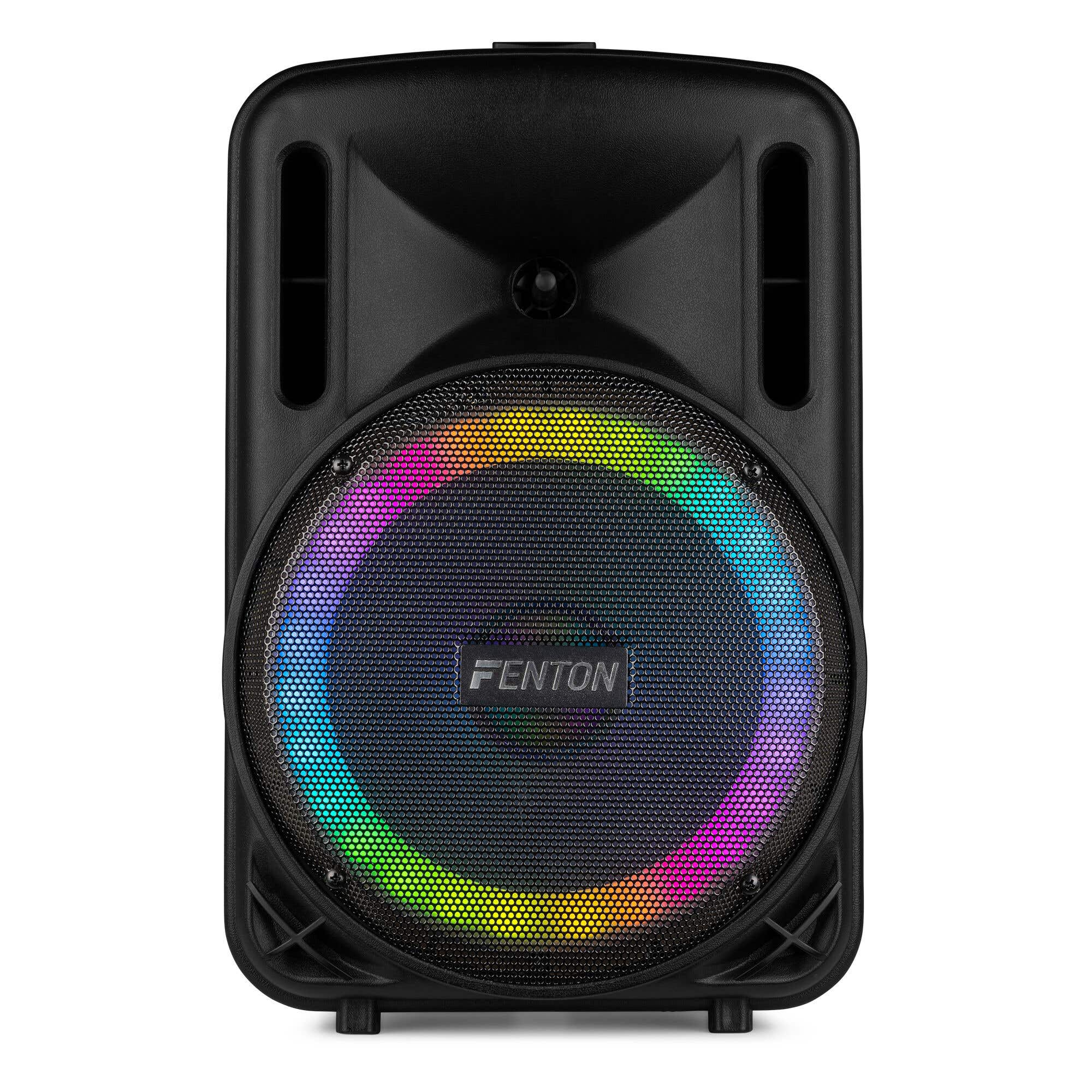 Fenton FT10LED MK2 – Altavoz portátil Bluetooth con micrófono inalámbrico, woofer 10”, batería recargable, trolley y luces LED 450W Color negro