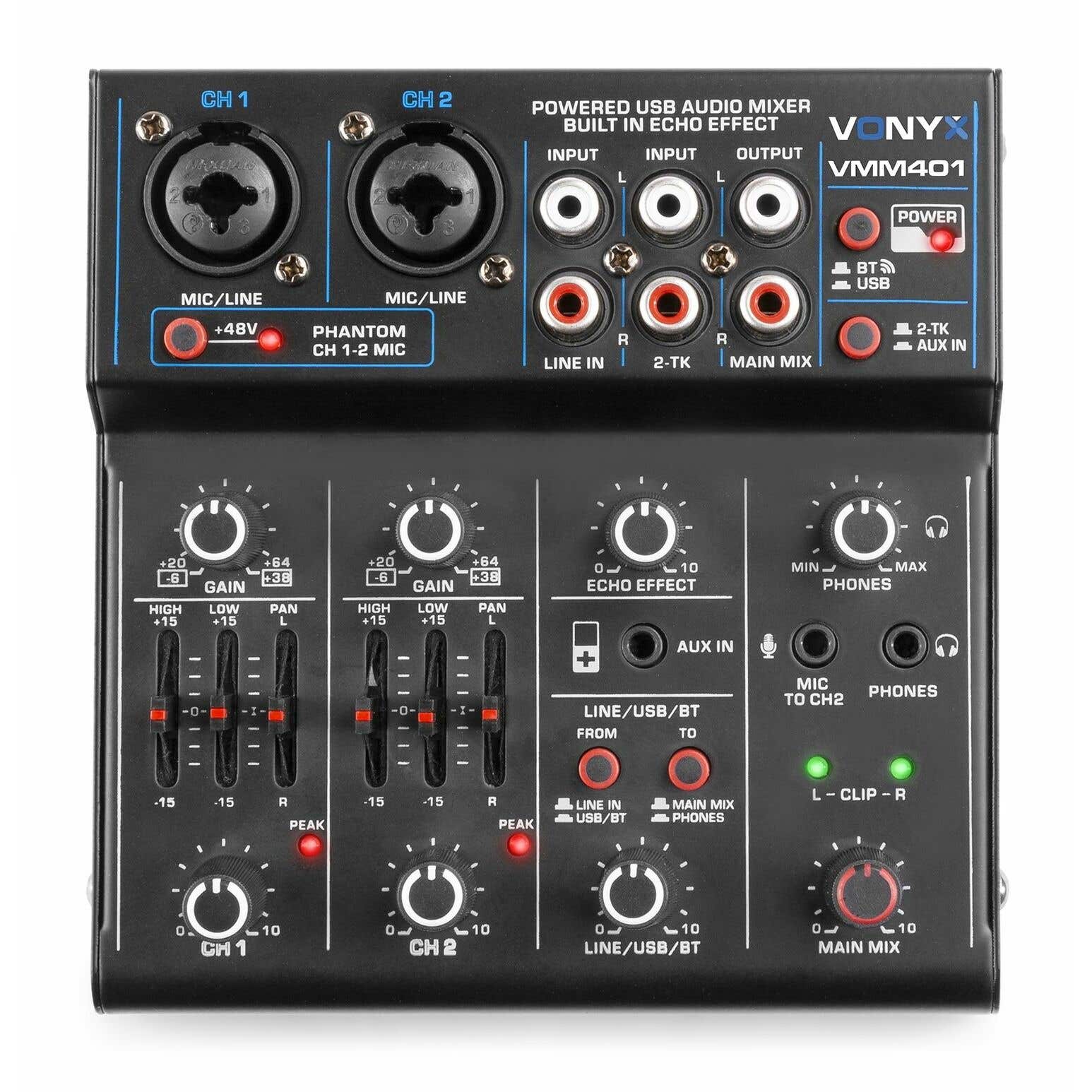 Vonyx VMM401 mezclador de 4 canales con USB Audio Interface phantom +48v, bluetooth y efecto echo