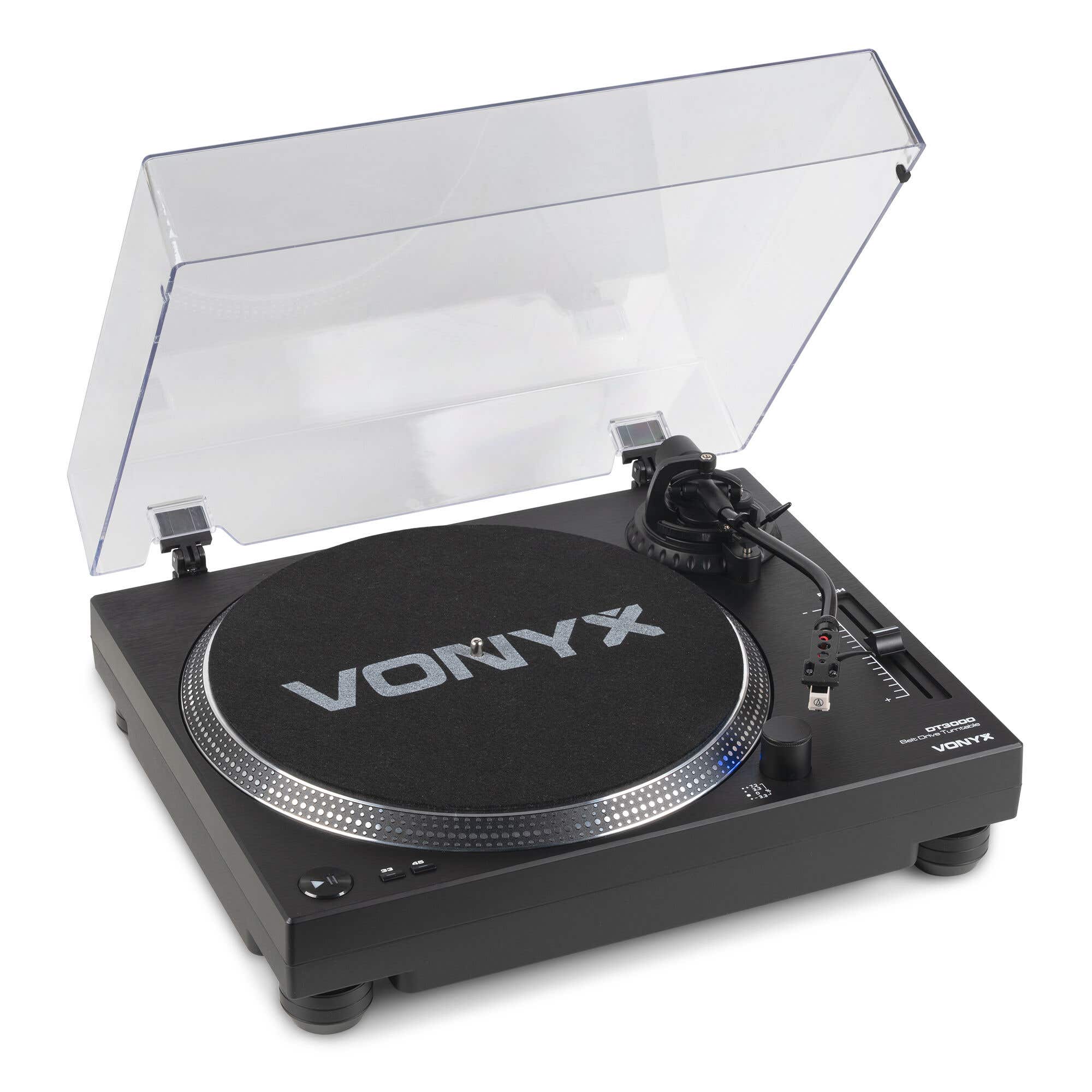 Vonyx DT3000 – Tocadiscos de vinilo con tracción por correa, cápsula Audio Technica, USB, phono/línea, para uso como DJ y HiFi, color negro