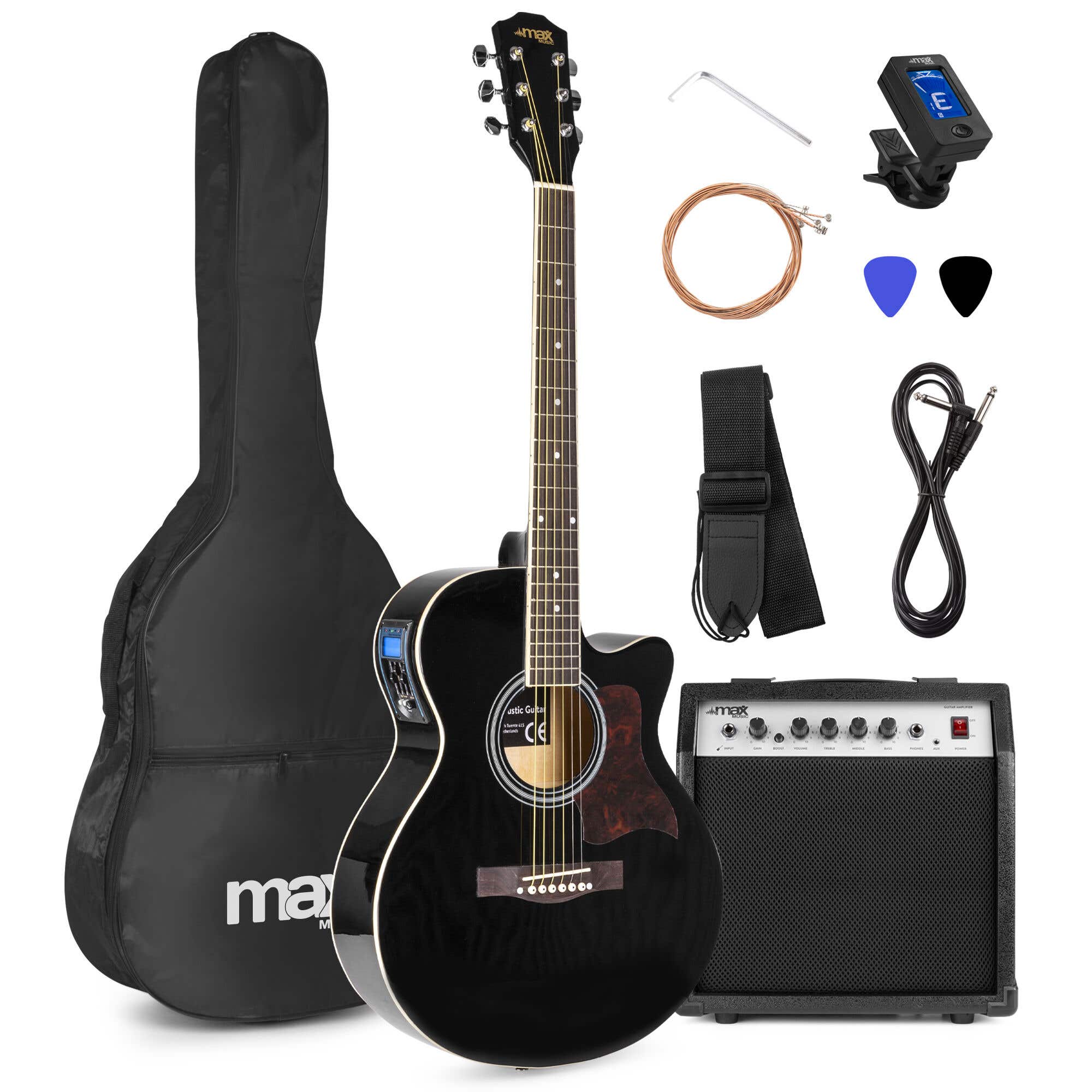 Max ShowKit Conjunto Guitarra Acústica Electrificada Negra