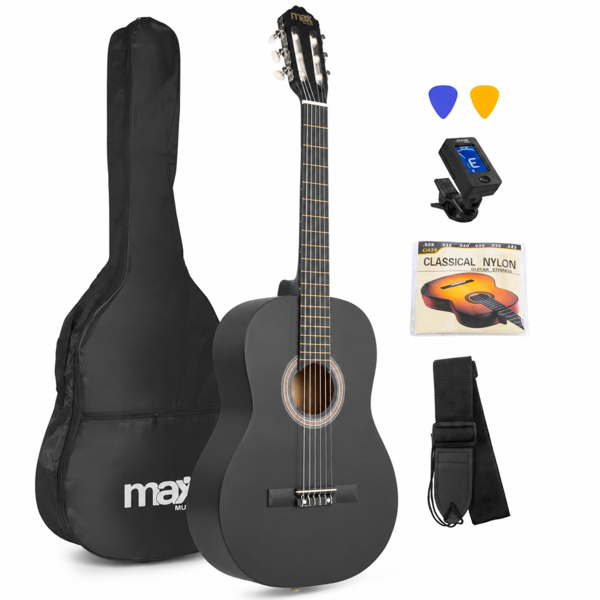 MAX SoloArt - Guitarra clásica 4/4 de 39", cuerdas de nylon, funda, afinador y correa, color negro mate