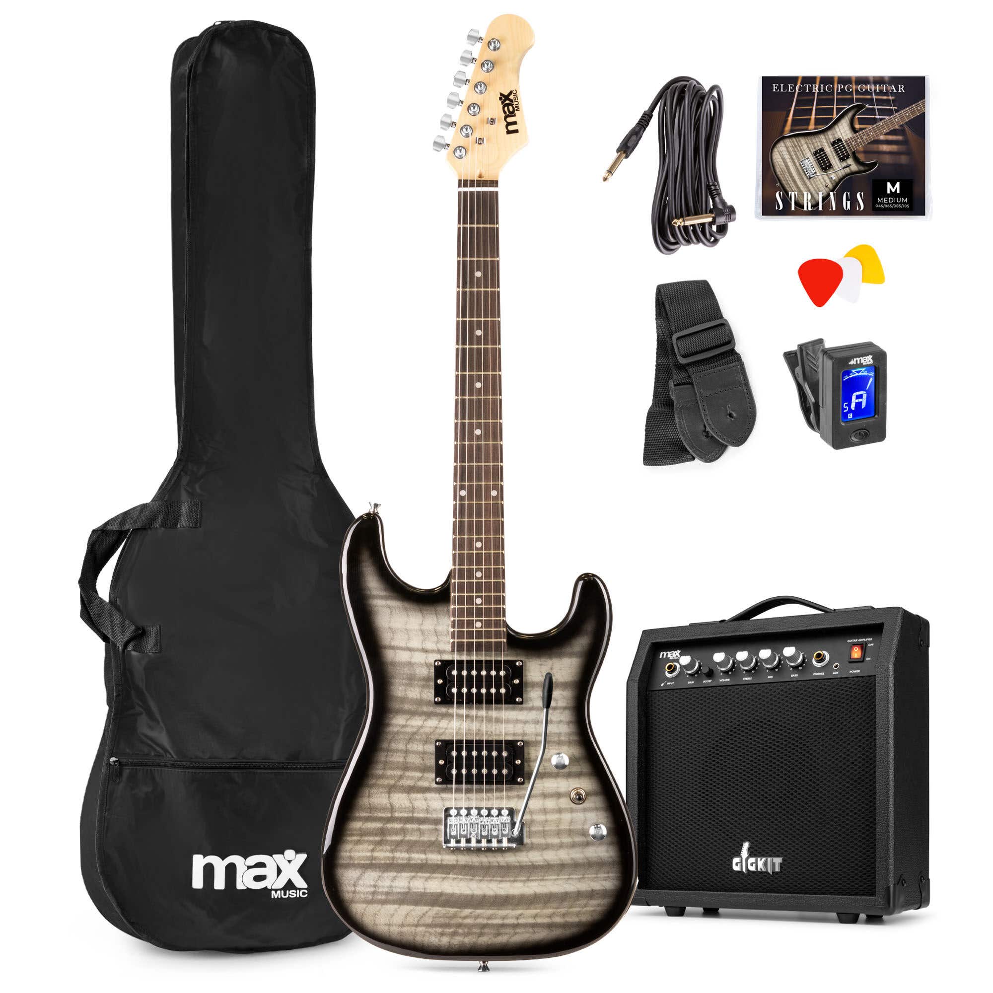 Max GigKit Superstrat Guitarra eléctrica con amplificador de 40W y accesorios - Color Negro/gris