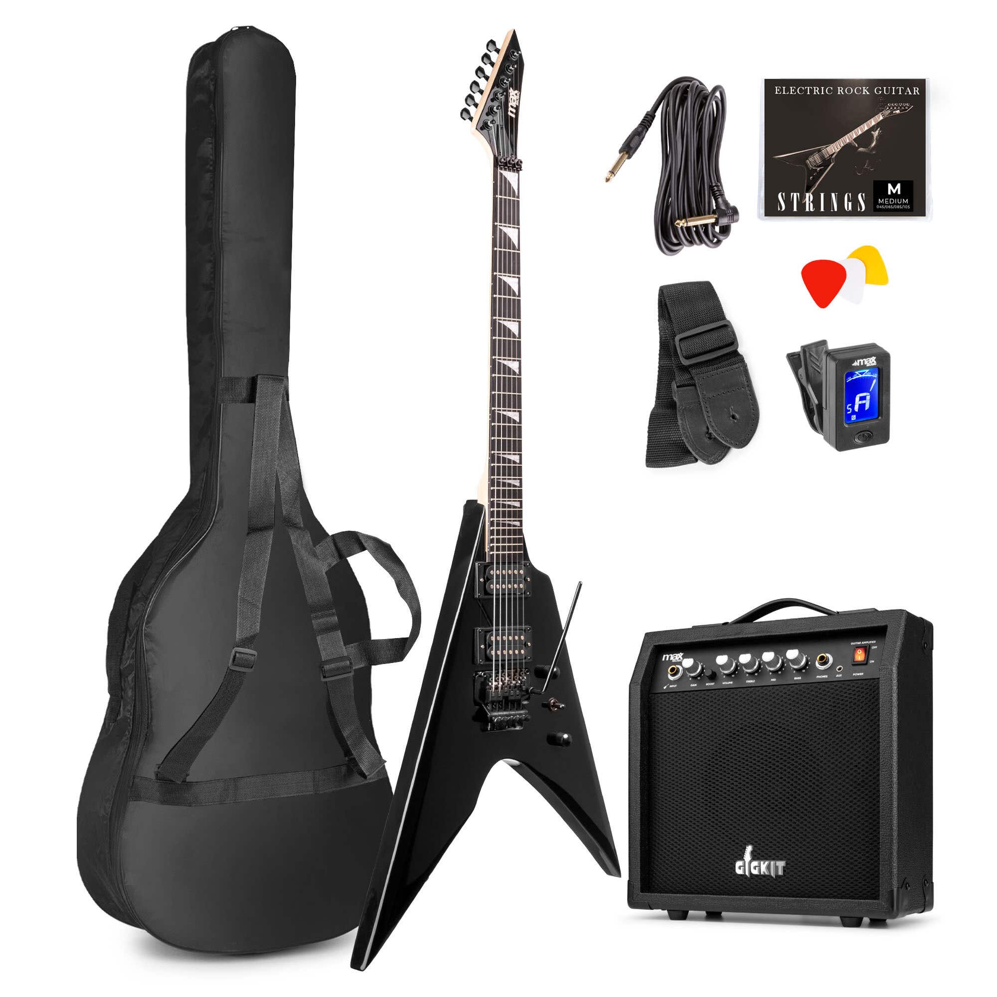 Max GigKit V pack de guitarra electrica Rock Tipo Flying V con amplificador de 40W y accesorios color negro