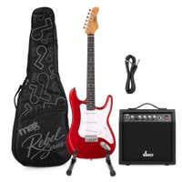 MAX Rebel ST - Guitarra eléctrica ST con funda, amplificador 40 W, soporte y cable, color rojo metalizado