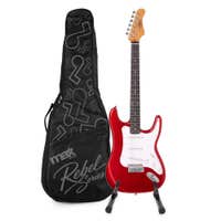 MAX Rebel ST - Guitarra eléctrica ST, mástil de arce, 22 trastes, funda y soporte, color rojo metalizado