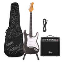 MAX Rebel ST - Guitarra eléctrica ST con funda, amplificador 40 W, soporte y cable, color negro metalizado