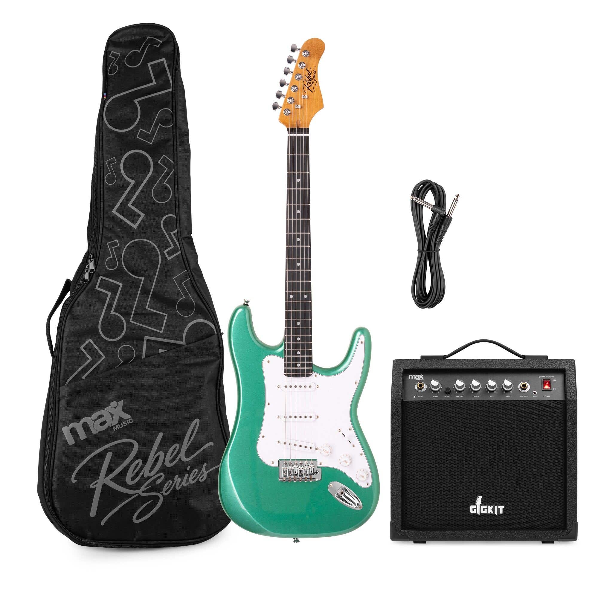 MAX Rebel ST - Guitarra eléctrica ST, 22 trastes, amplificador 40 W, cable y funda, color verde metalizado