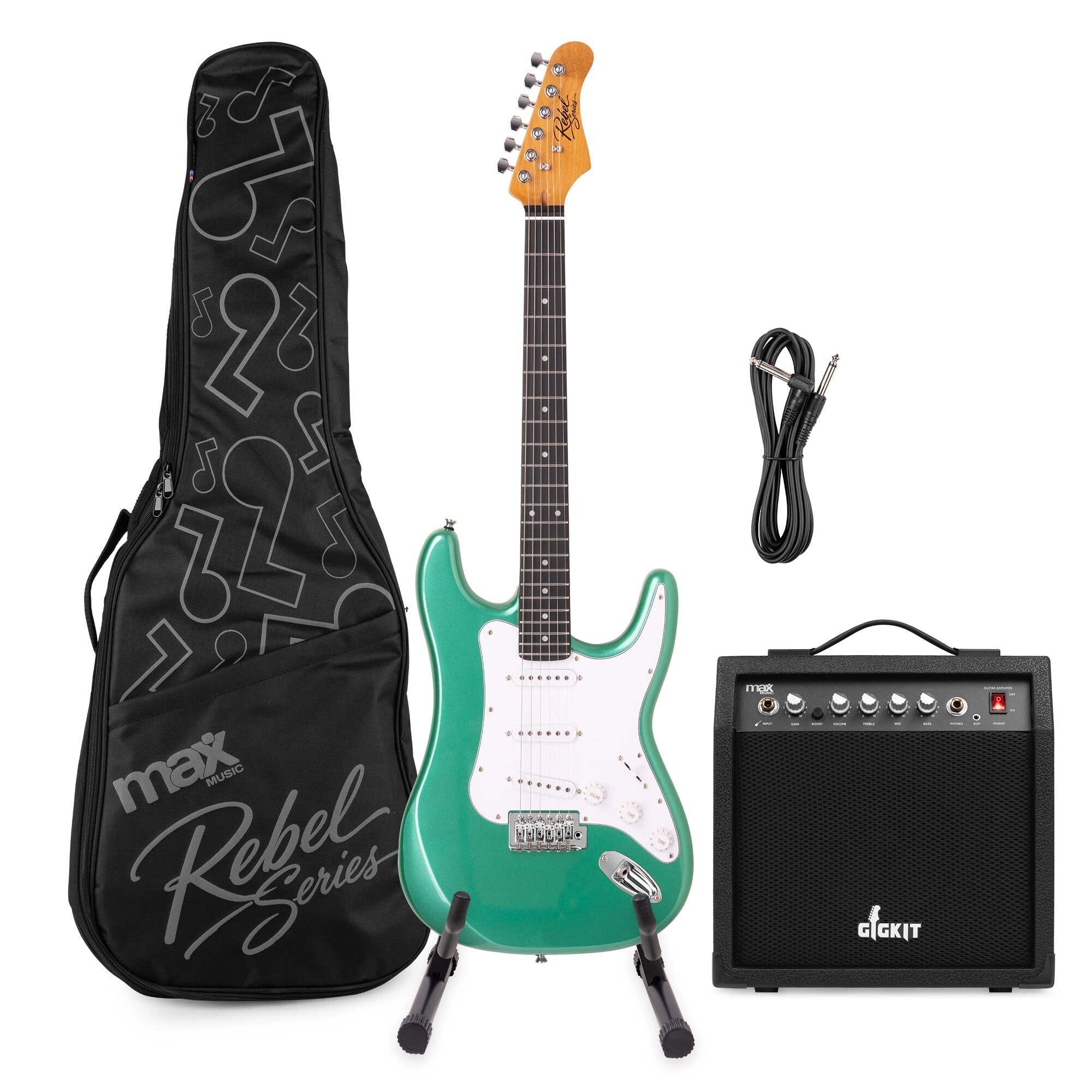 MAX Rebel ST - Guitarra eléctrica ST con funda, amplificador 40 W, soporte y cable, color verde metalizado