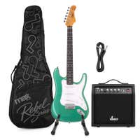 MAX Rebel ST - Guitarra eléctrica ST con funda, amplificador 40 W, soporte y cable, color verde metalizado