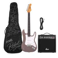 MAX Rebel ST - Guitarra eléctrica ST, 22 trastes, amplificador 40 W, cable y funda, color gris metalizado