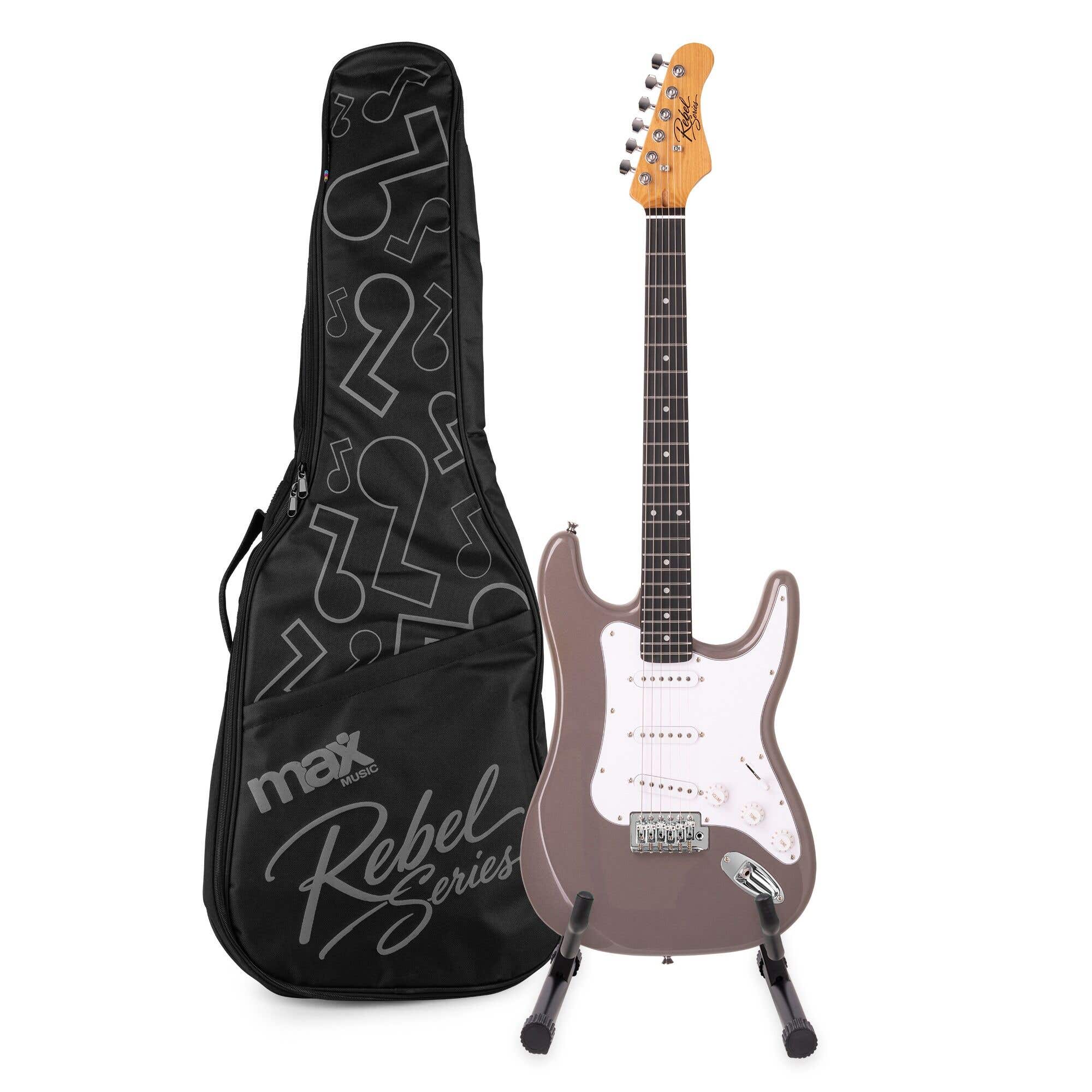 MAX Rebel ST - Guitarra eléctrica ST, mástil de arce, 22 trastes, funda y soporte, color gris metalizado