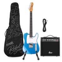 MAX Rebel TE - Guitarra eléctrica con funda, amplificador 40 W, soporte y cable, color azul metalizado