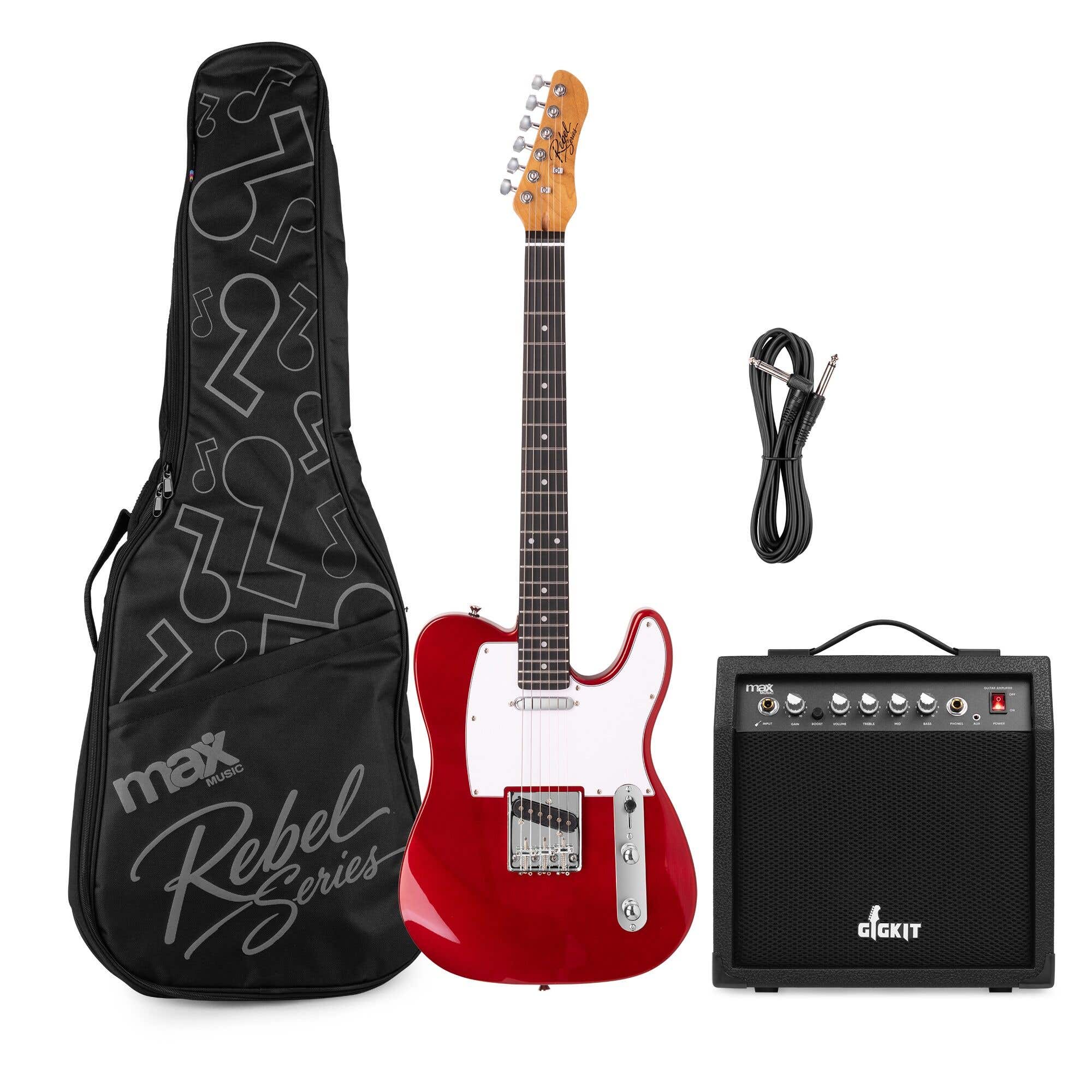 MAX Rebel TE - Guitarra eléctrica tipo TE, mástil de arce, funda y amplificador, color rojo metalizado