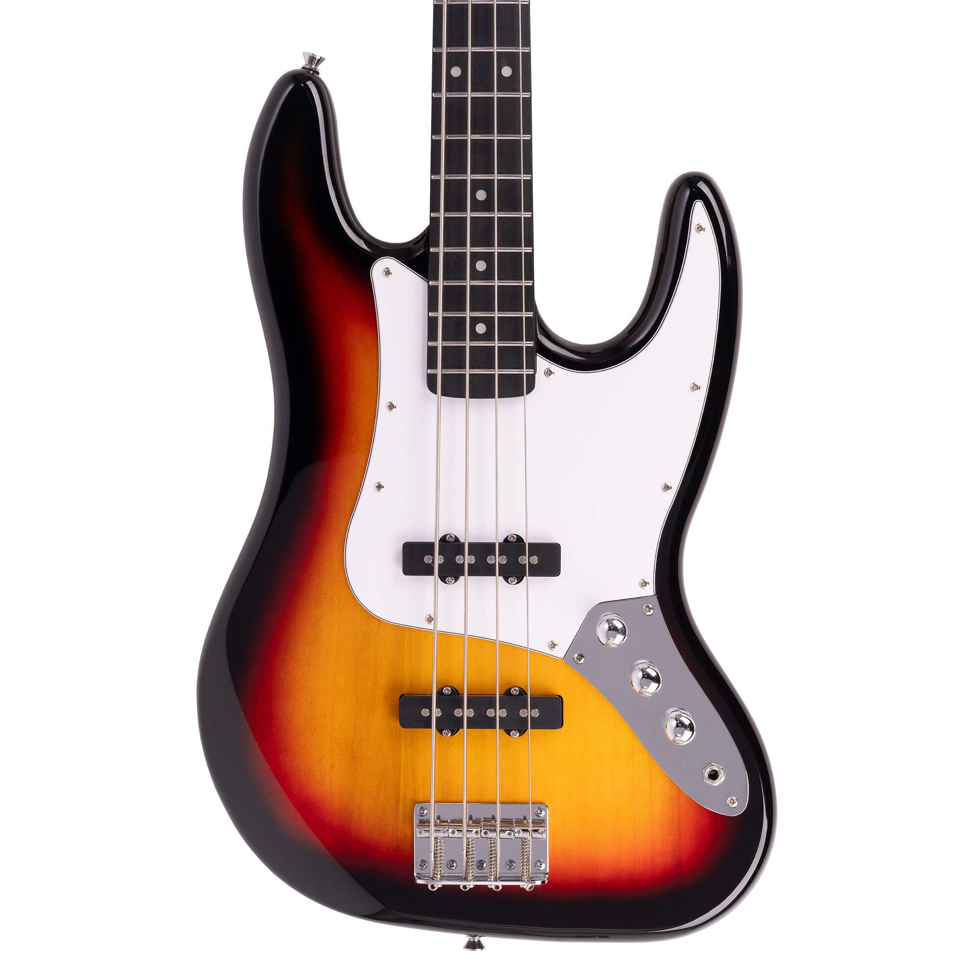 MAX Rebel JB - Bajo eléctrico tipo JB, mástil de arce, 20 trastes y funda, color sunburst