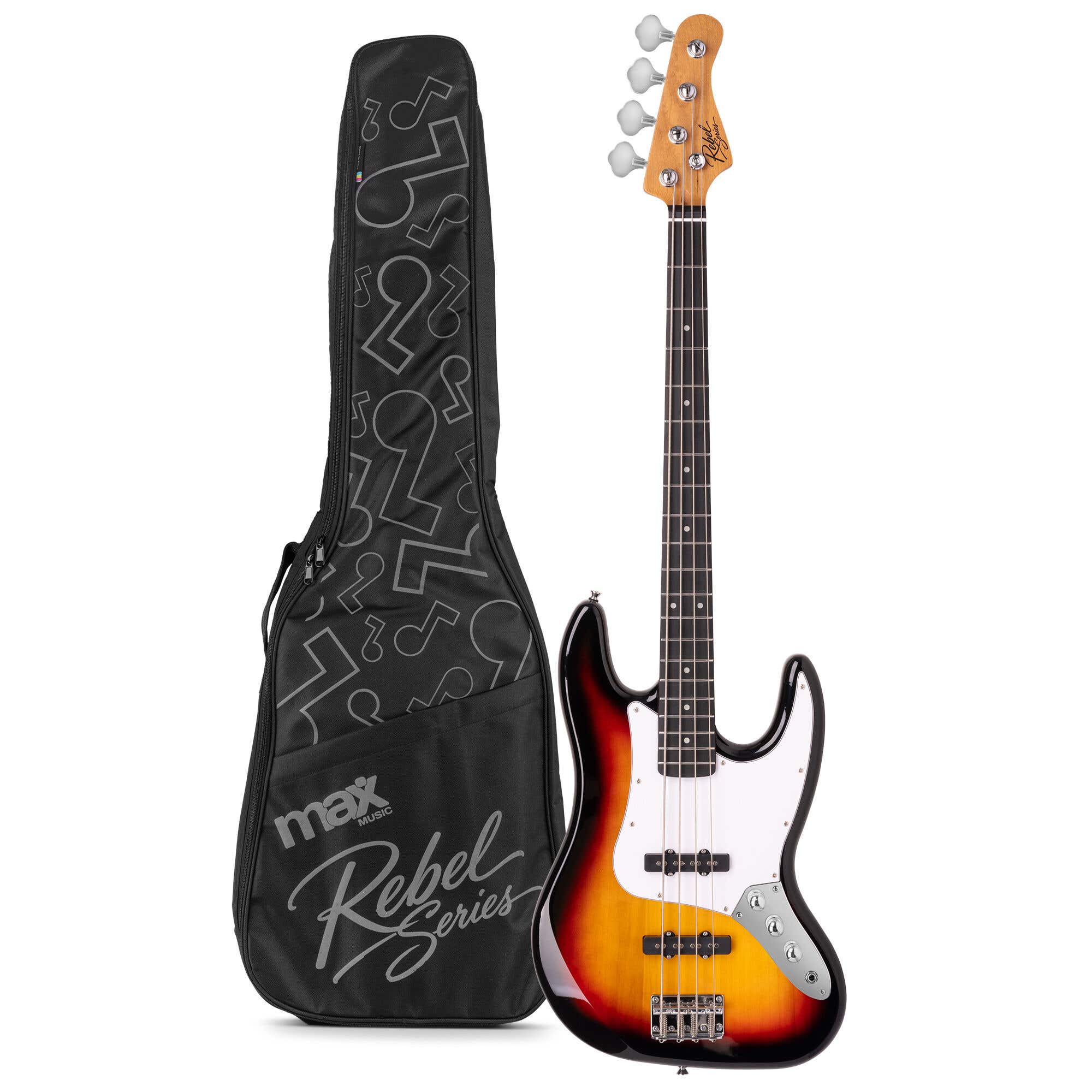 MAX Rebel JB - Bajo eléctrico tipo JB, mástil de arce, 20 trastes y funda, color sunburst