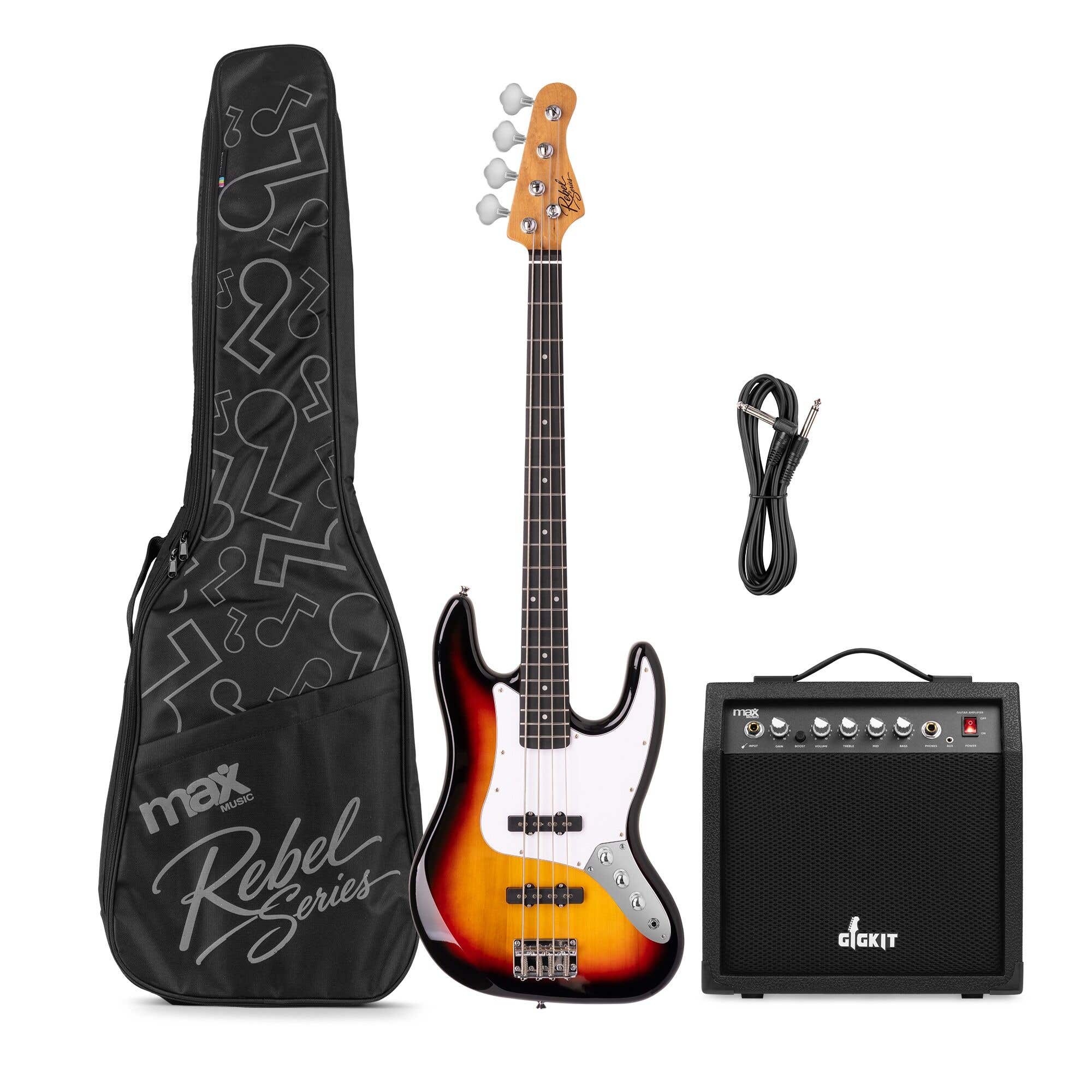 MAX Rebel JB - Bajo eléctrico JB, 20 trastes, amplificador 40 W, cable y funda, color sunburst