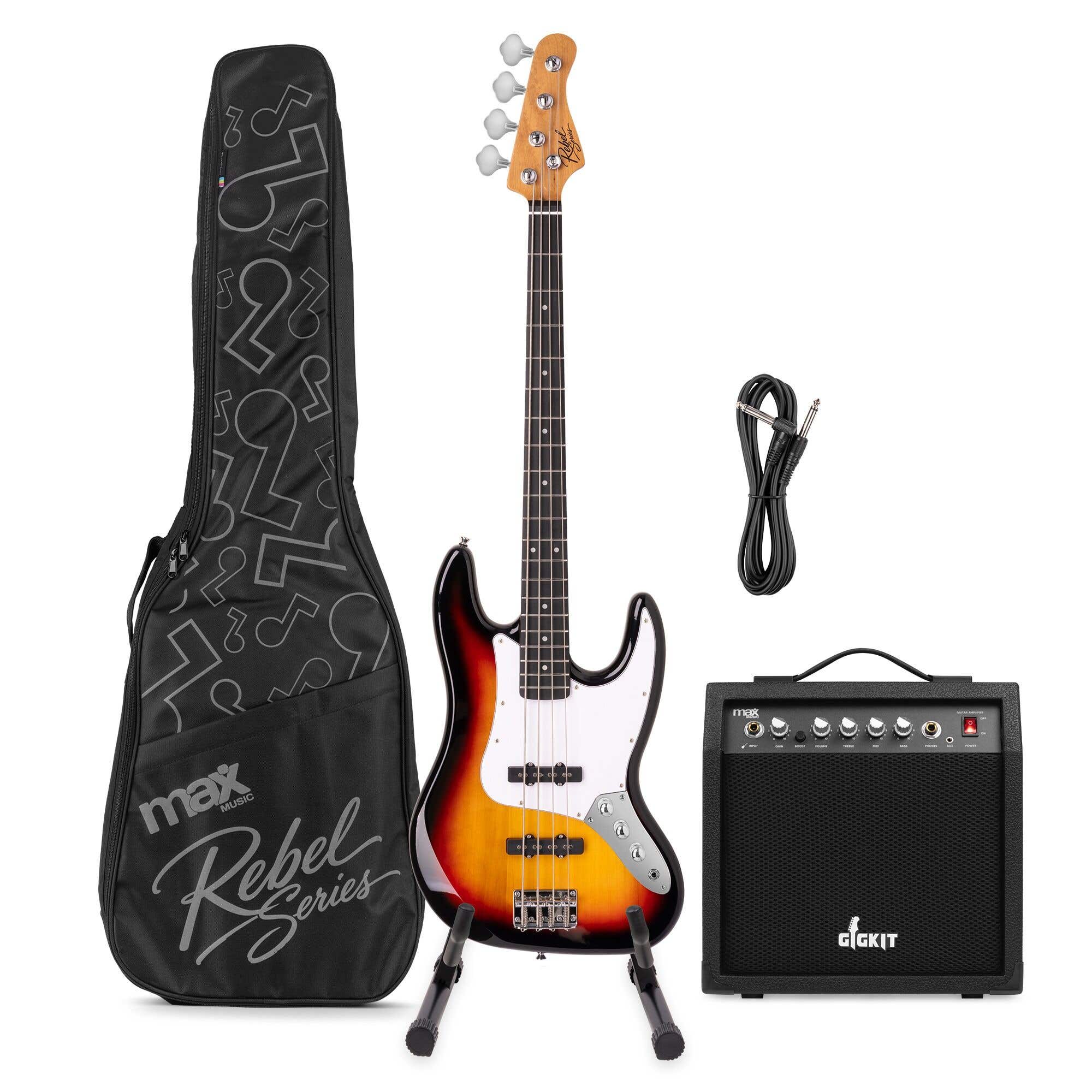 MAX Rebel JB - Bajo eléctrico JB, 20 trastes, amplificador 40 W, soporte y funda, color sunburst