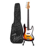 MAX Rebel JB - Bajo eléctrico tipo JB, mástil de arce, 20 trastes, funda y soporte, color sunburst