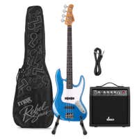 MAX Rebel JB - Bajo eléctrico JB, 20 trastes, amplificador 40 W, soporte y funda, color azul metalizado