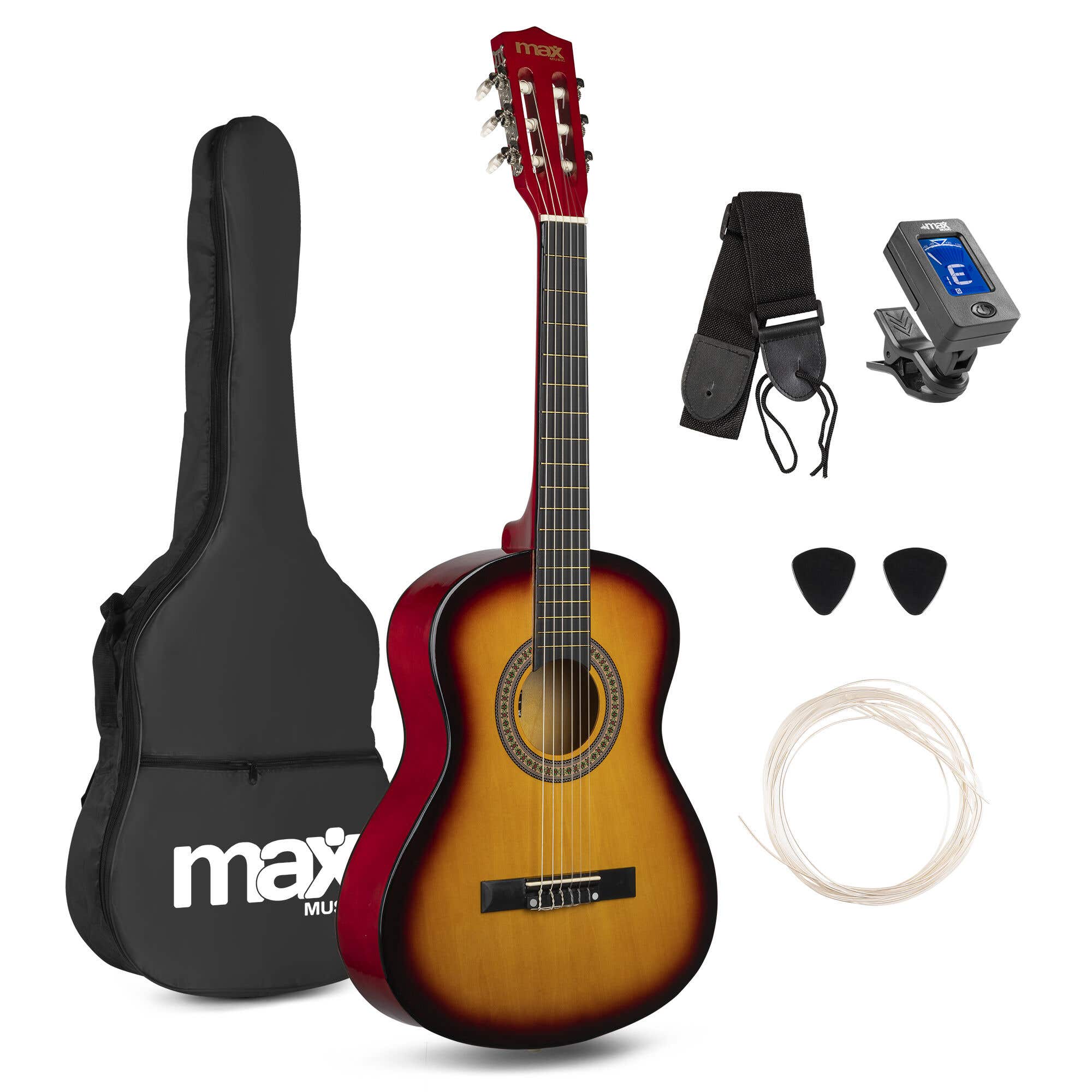 Reacondicionado - MAX SoloArt Junior 3/4 - Guitarra Clásica infantil - Set de iniciación completo con accesorios - Sunburst