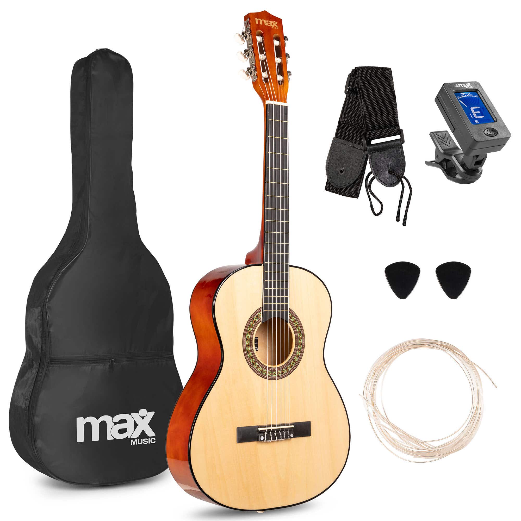 Reacondicionado - MAX SoloArt Junior 3/4 - Guitarra clásica infantil (8 a 12 años) - pack de iniciación con accesorios - color madera