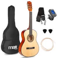 MAX SoloArt Junior 3/4 - Guitarra clásica infantil (8 a 12 años) - pack de iniciación con accesorios - color madera