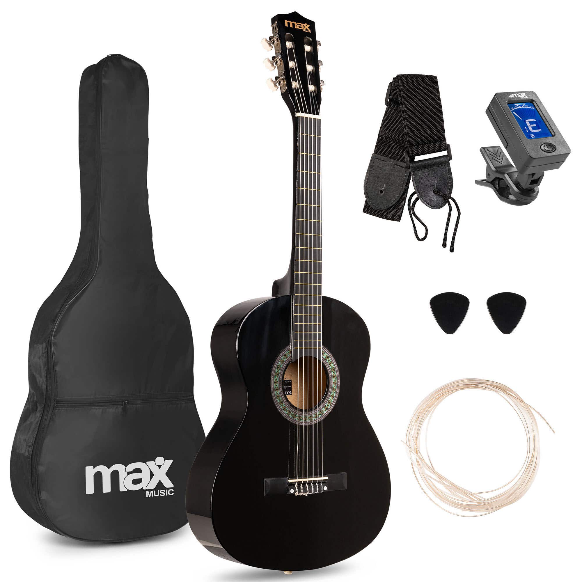 Reacondicionado - MAX SoloArt Junior 3/4 - Guitarra clásica infantil (8 a 12 años) - pack de iniciación con accesorios - color negro