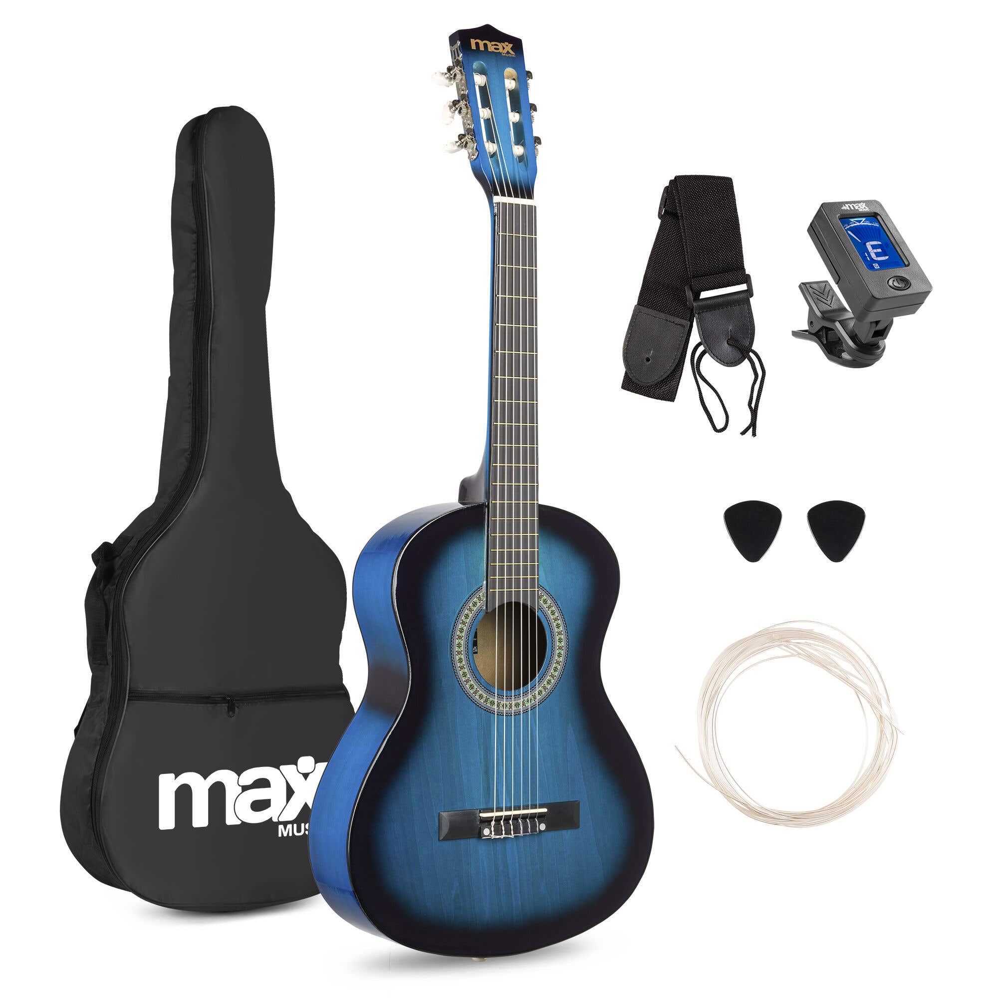 Reacondicionado - MAX SoloArt Junior 3/4 - Guitarra Clásica infantil - Set de iniciación completo con accesorios - Azul