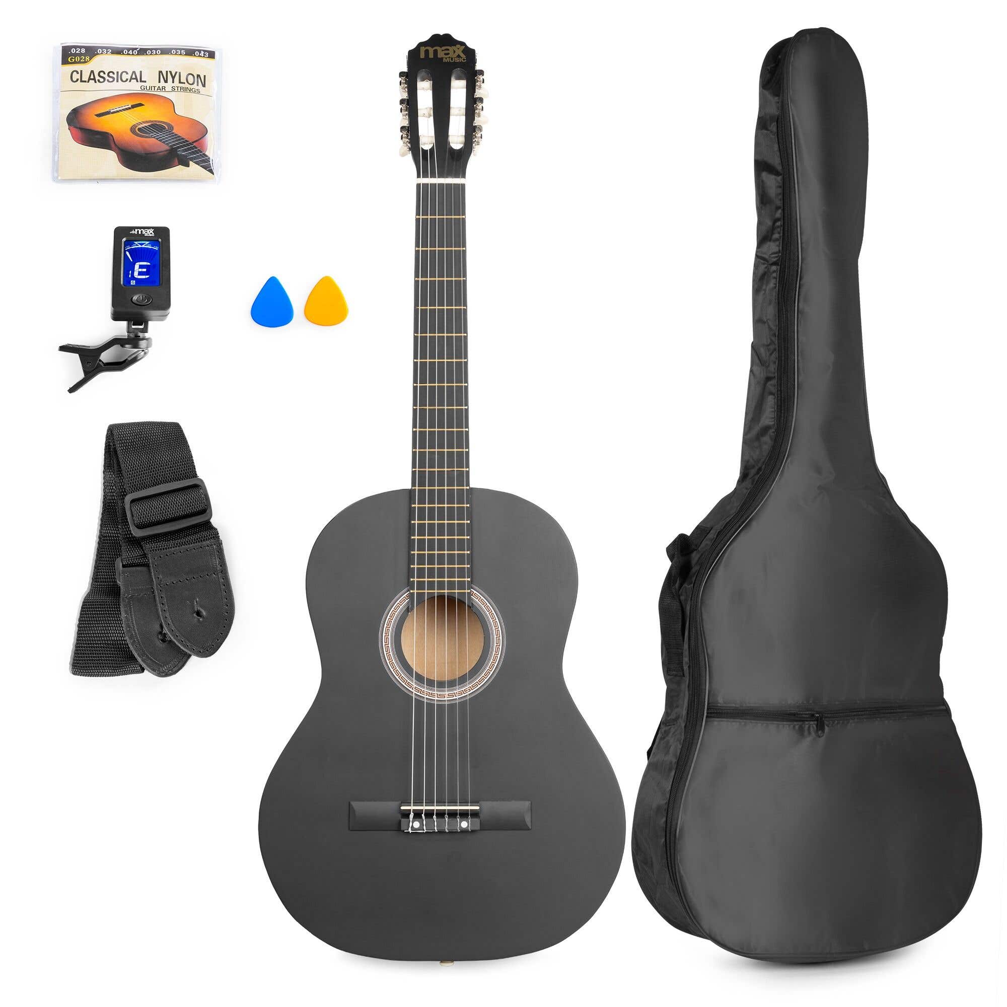 MAX SoloArt - Guitarra clásica 4/4 de 39", cuerdas de nylon, funda, afinador y correa, color negro mate