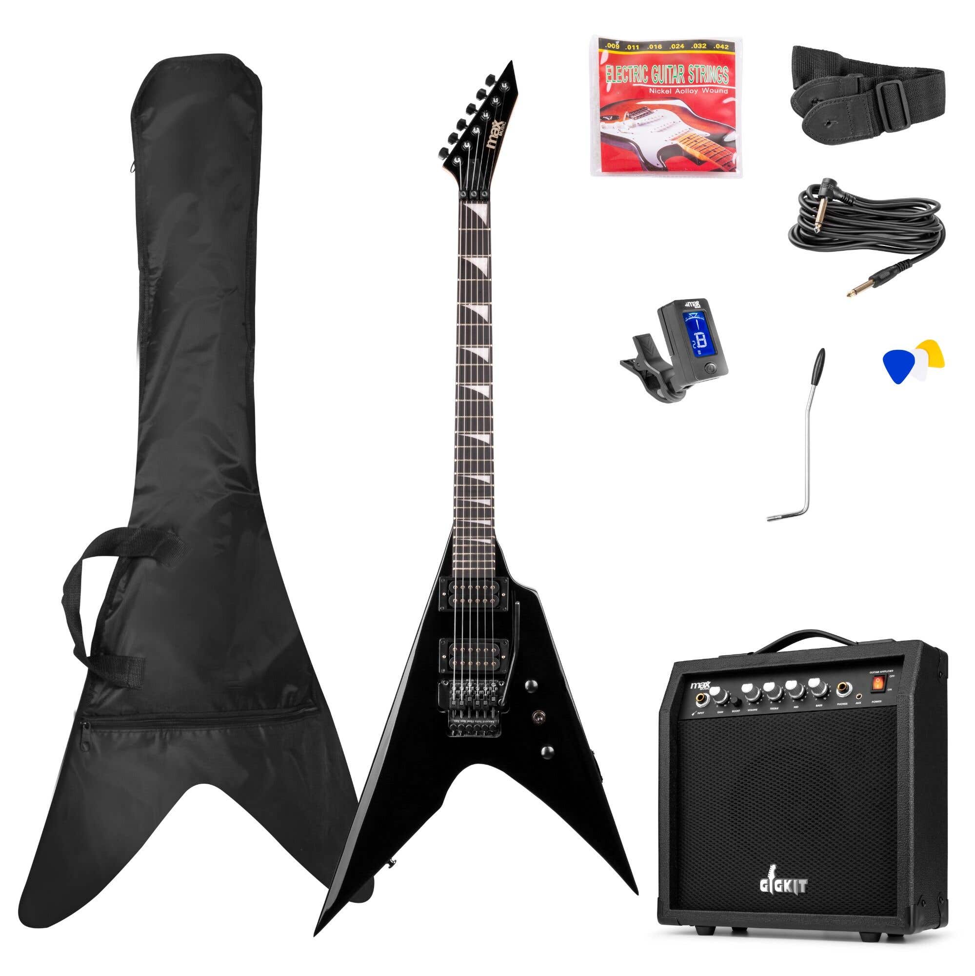 Max GigKit V pack de guitarra electrica Rock Tipo Flying V con amplificador de 40W y accesorios color negro