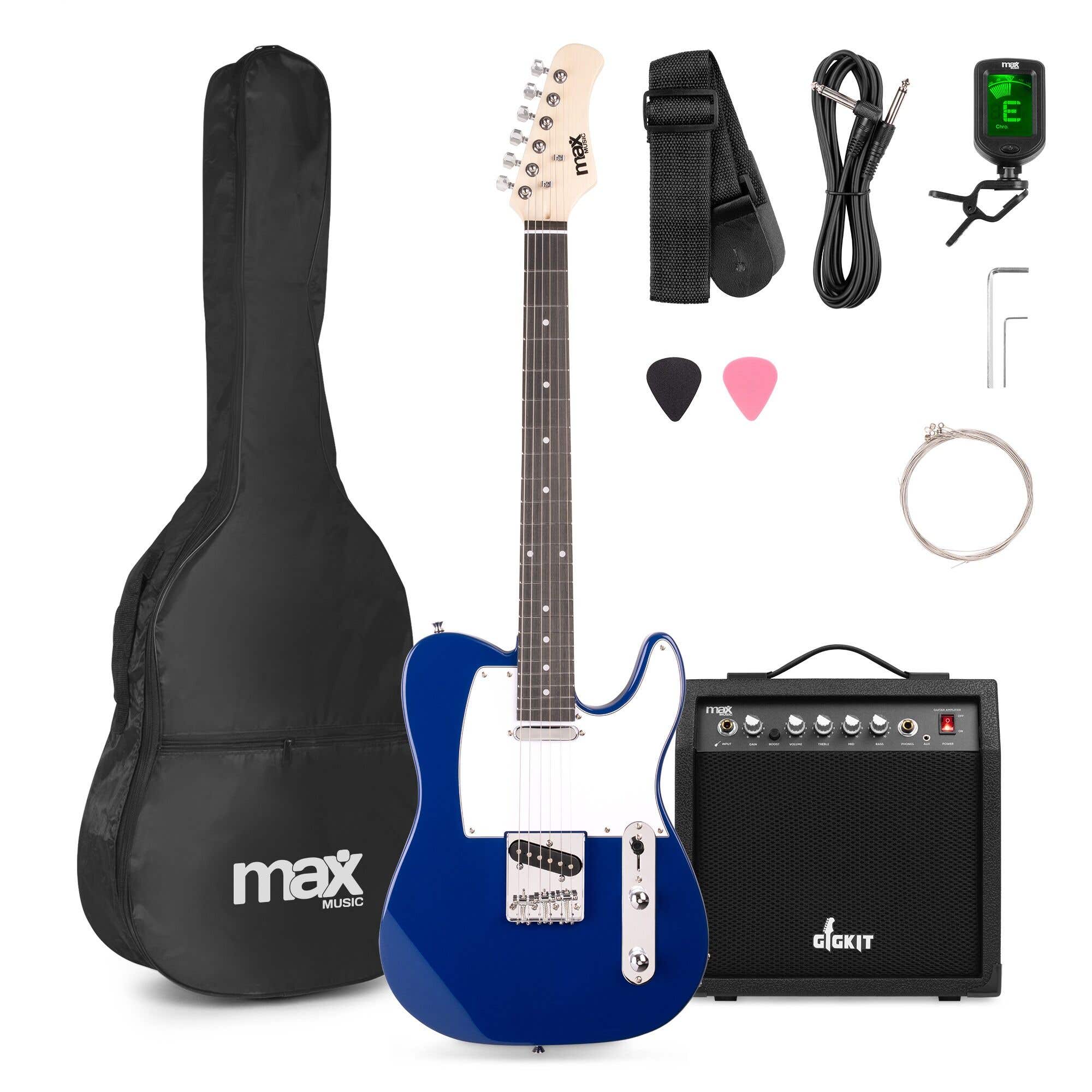 MAX GigKit serie T - Guitarra eléctrica 22 trastes, amplificador 40 W, afinador y funda, color azul