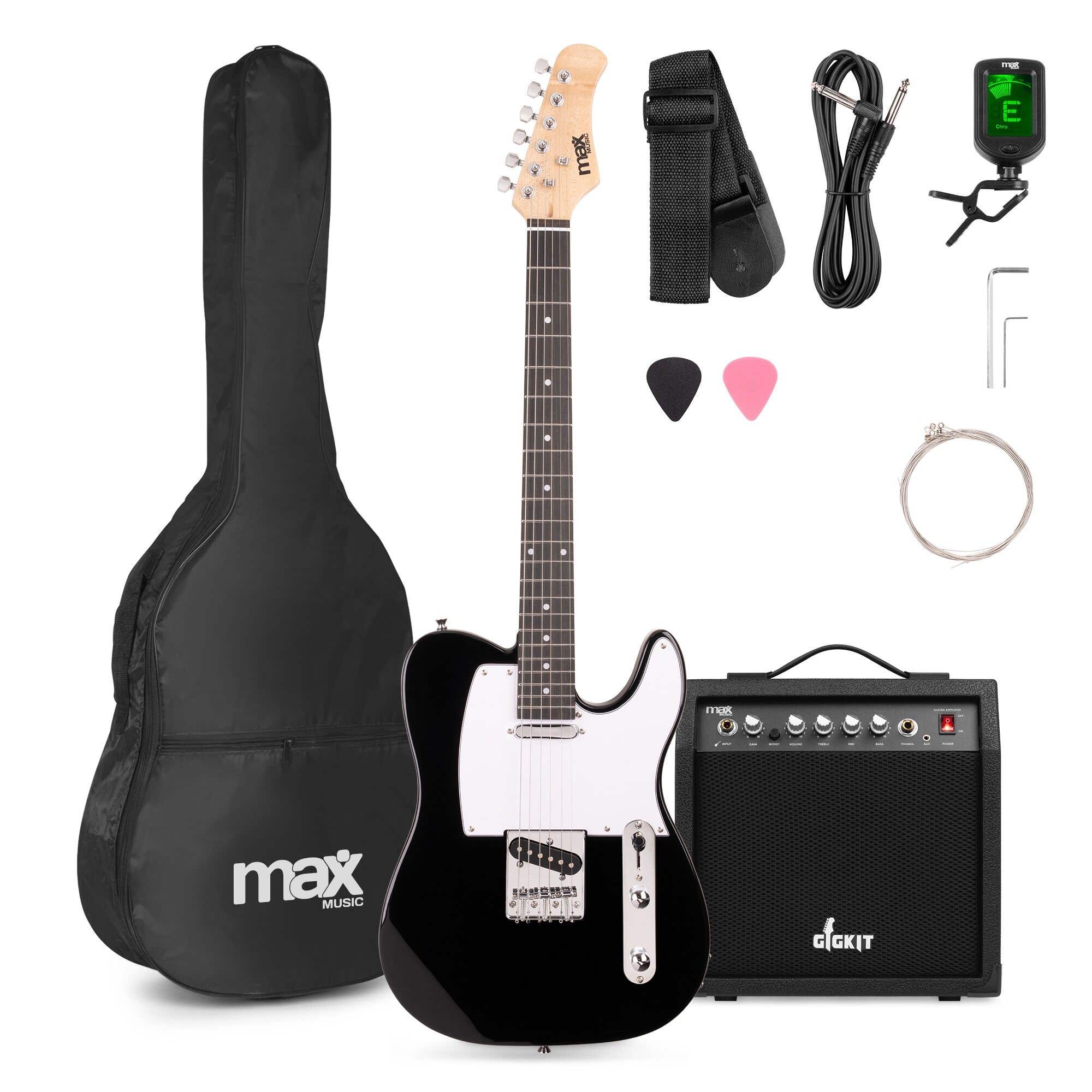 MAX GigKit serie T - Guitarra eléctrica 22 trastes, amplificador 40 W, afinador y funda, color negro