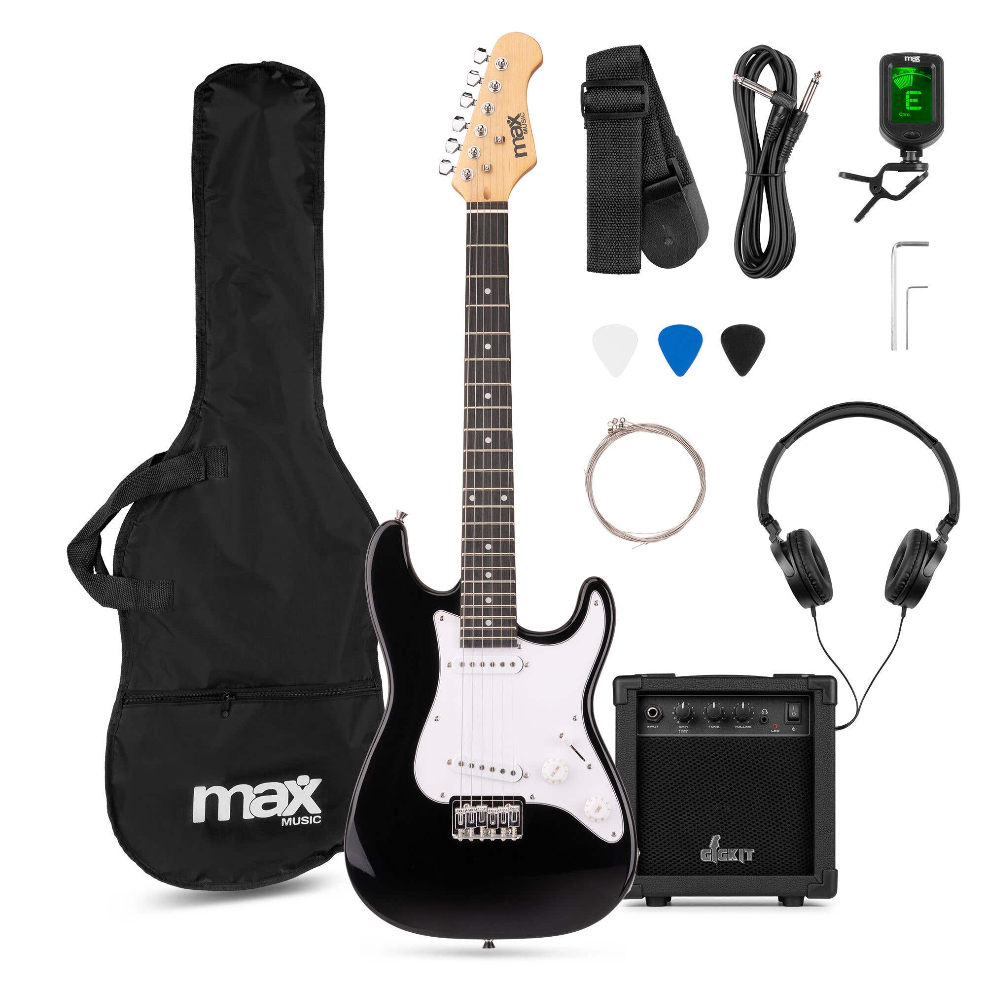 Reacondicionado - MAX GigKit Junior 3/4 – Guitarra eléctrica infantil con amplificador y accesorios – color negro