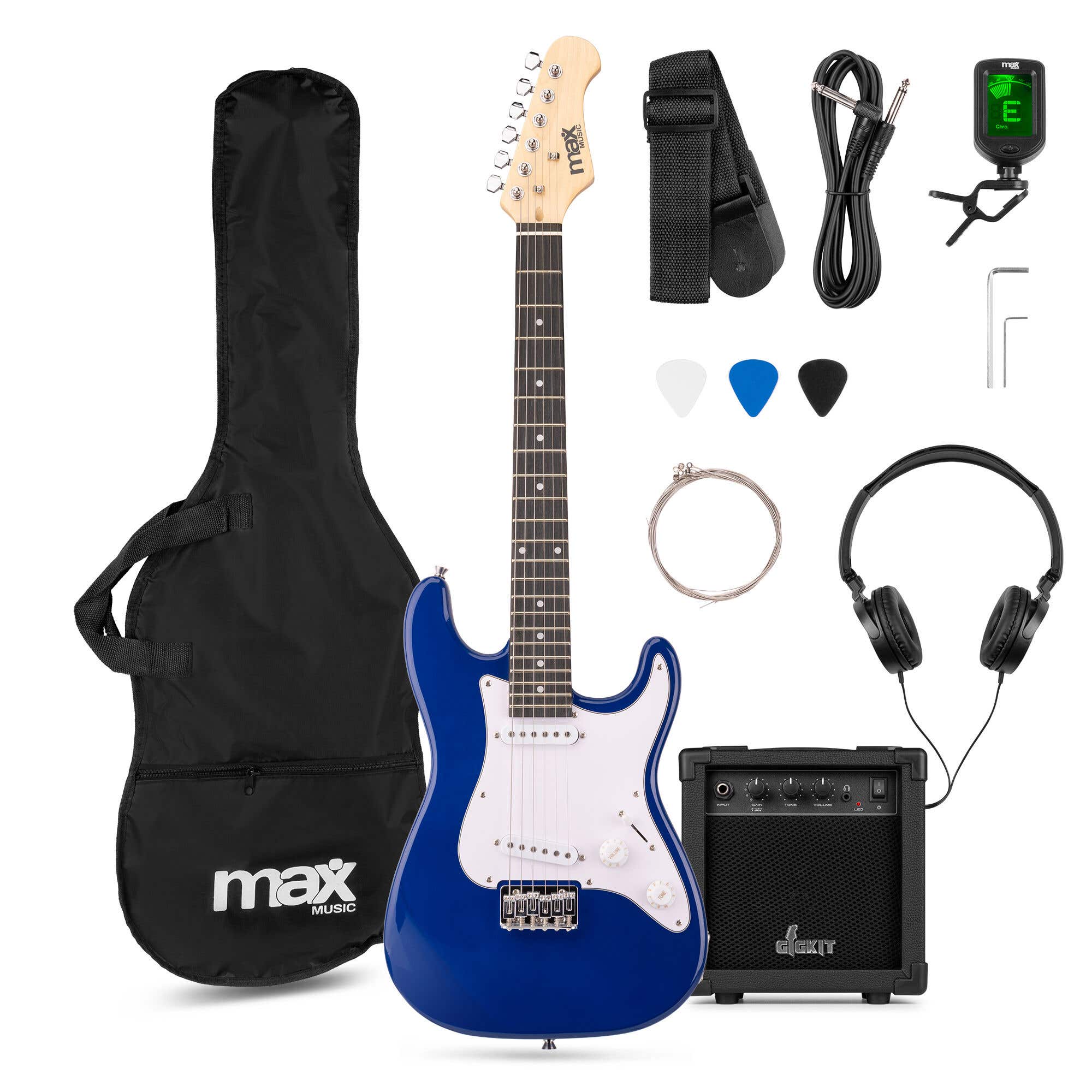 Reacondicionado - MAX GigKit Junior 3/4 – Guitarra eléctrica infantil con amplificador y accesorios – color azul