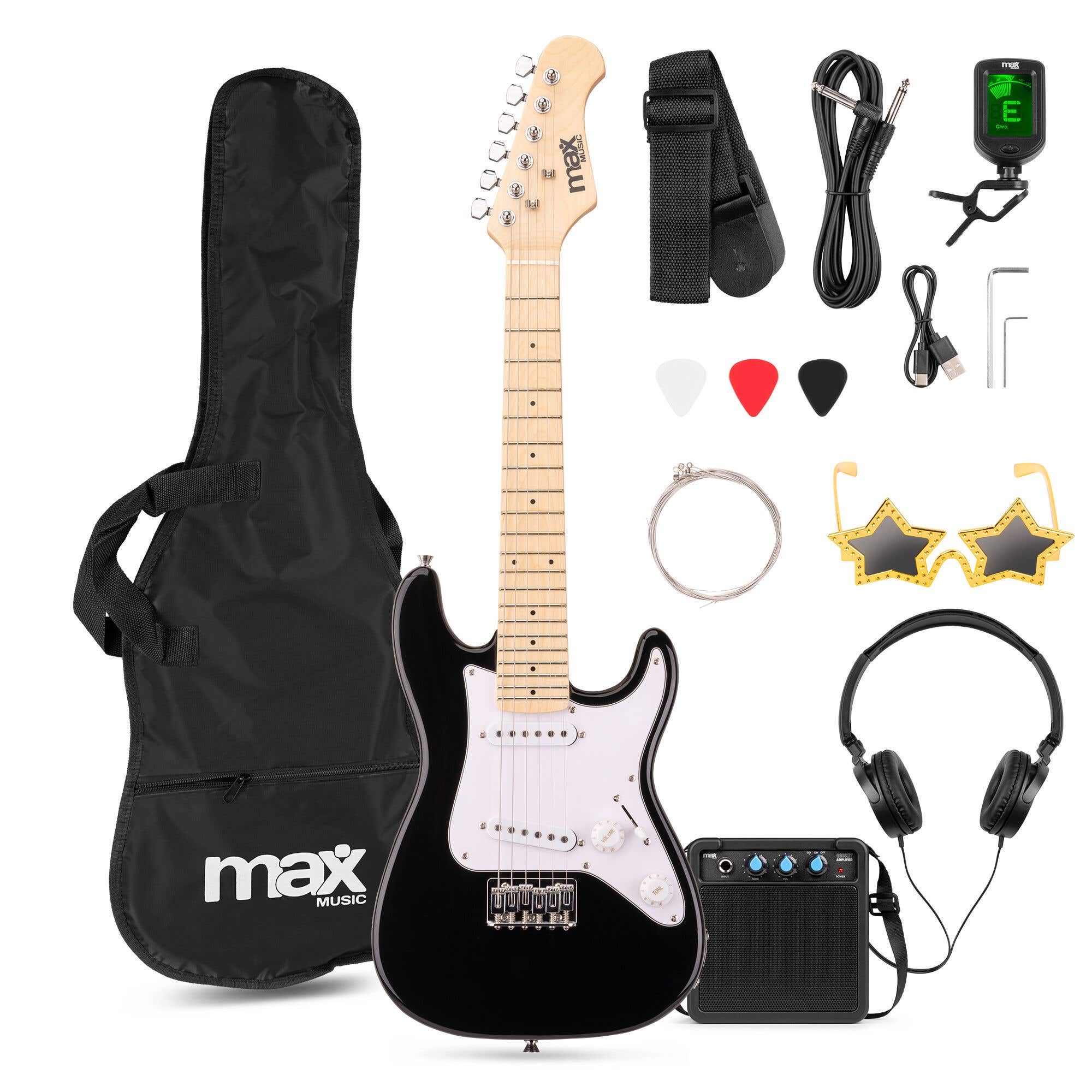 Reacondicionado - MAX GigKit Junior 1/4 – Guitarra eléctrica infantil con amplificador y accesorios – color negro