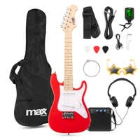 MAX GigKit Junior 1/4 – Guitarra eléctrica infantil con amplificador y accesorios – color rojo