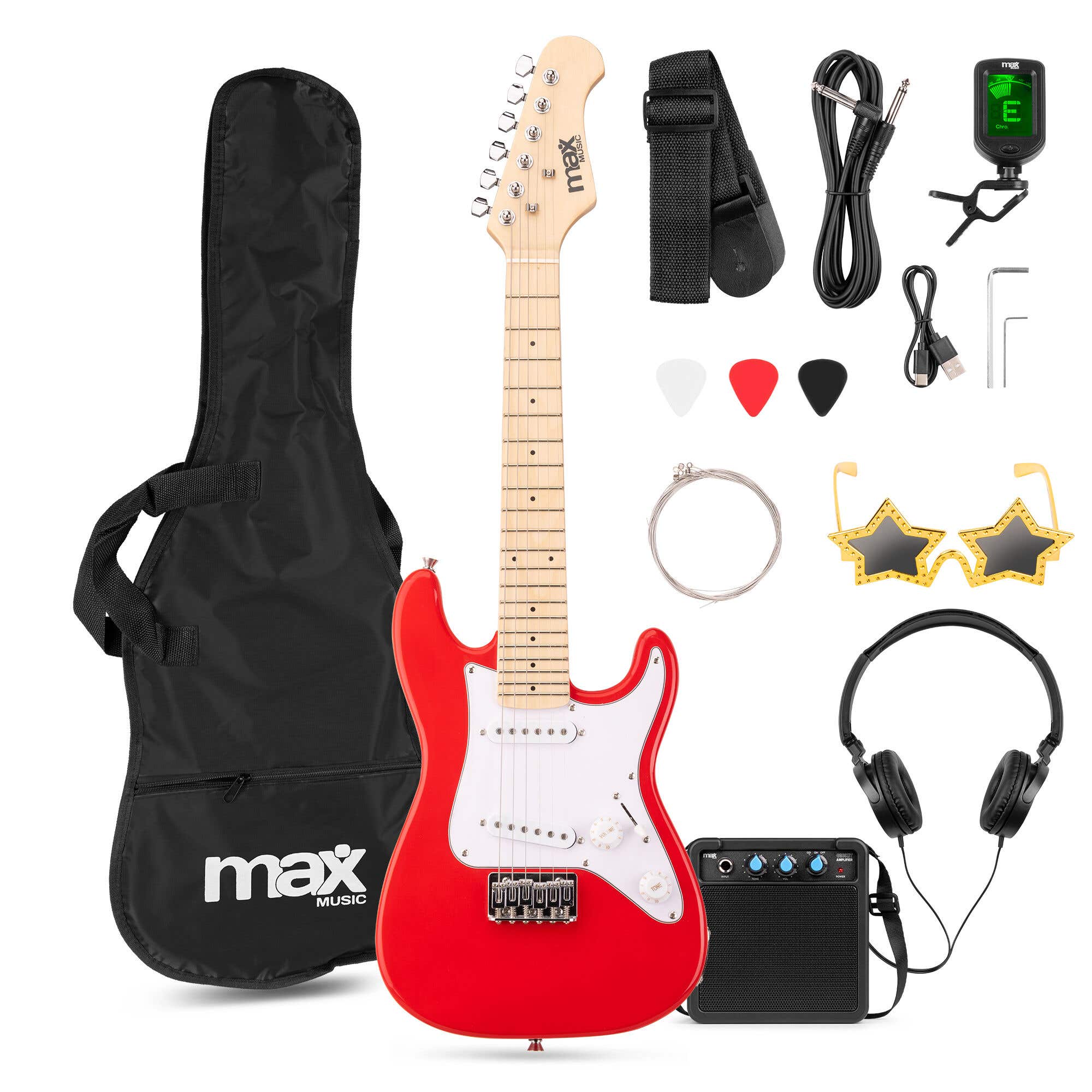 Reacondicionado - MAX GigKit Junior 1/4 – Guitarra eléctrica infantil con amplificador y accesorios – color rojo