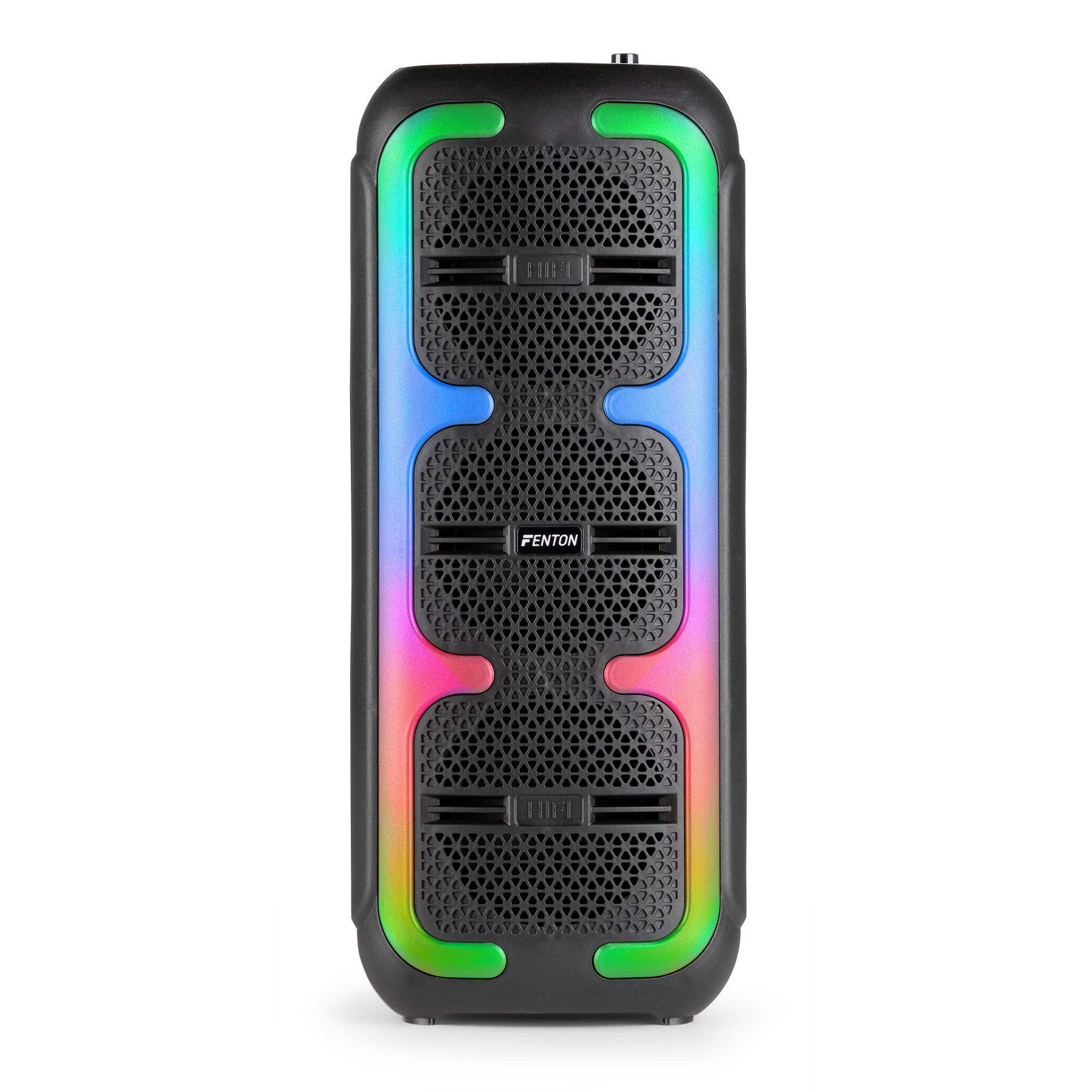 Fenton Track310 – Altavoz bluetooth portátil 120W con micrófono con cable, batería y luces LED, color negro