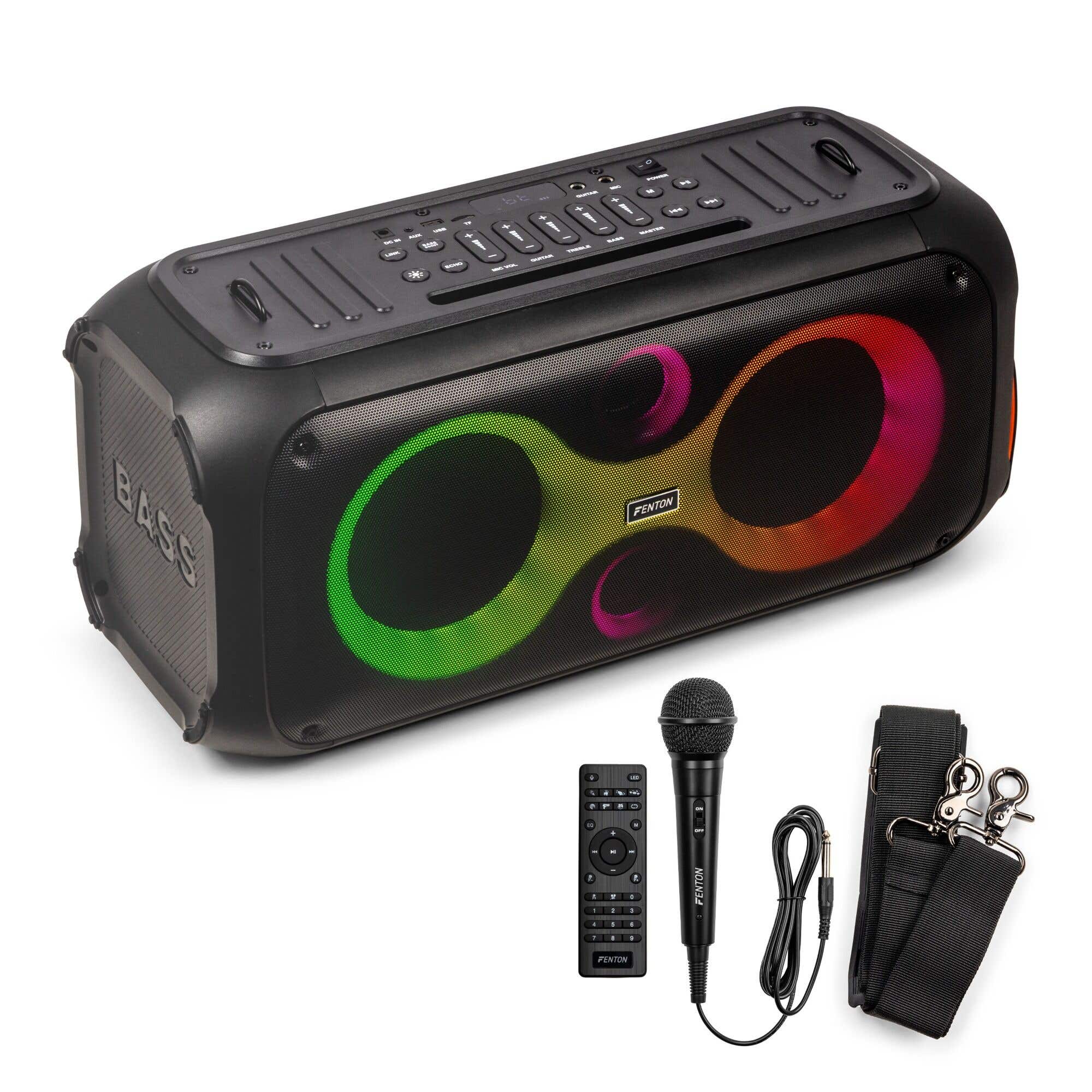 Reacondicionado - Fenton Core120 Altavoz de fiesta, Altavoz Bluetooth con efectos de luz, Altavoz portátil con bandolera