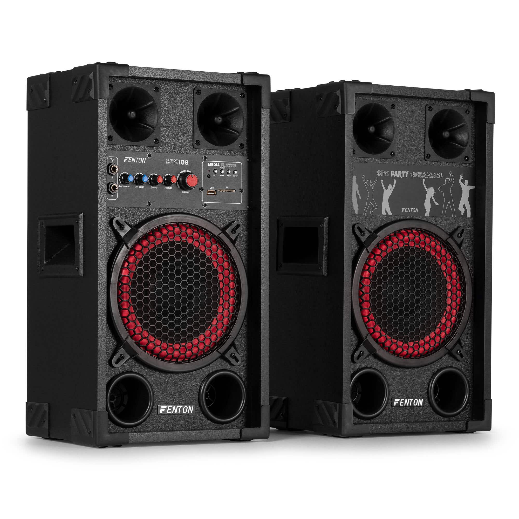 Reacondicionado - Fenton SPK-108 – Altavoces activos PA de 8” con Bluetooth, MP3, doble micro y sonido potente para fiestas y karaoke
