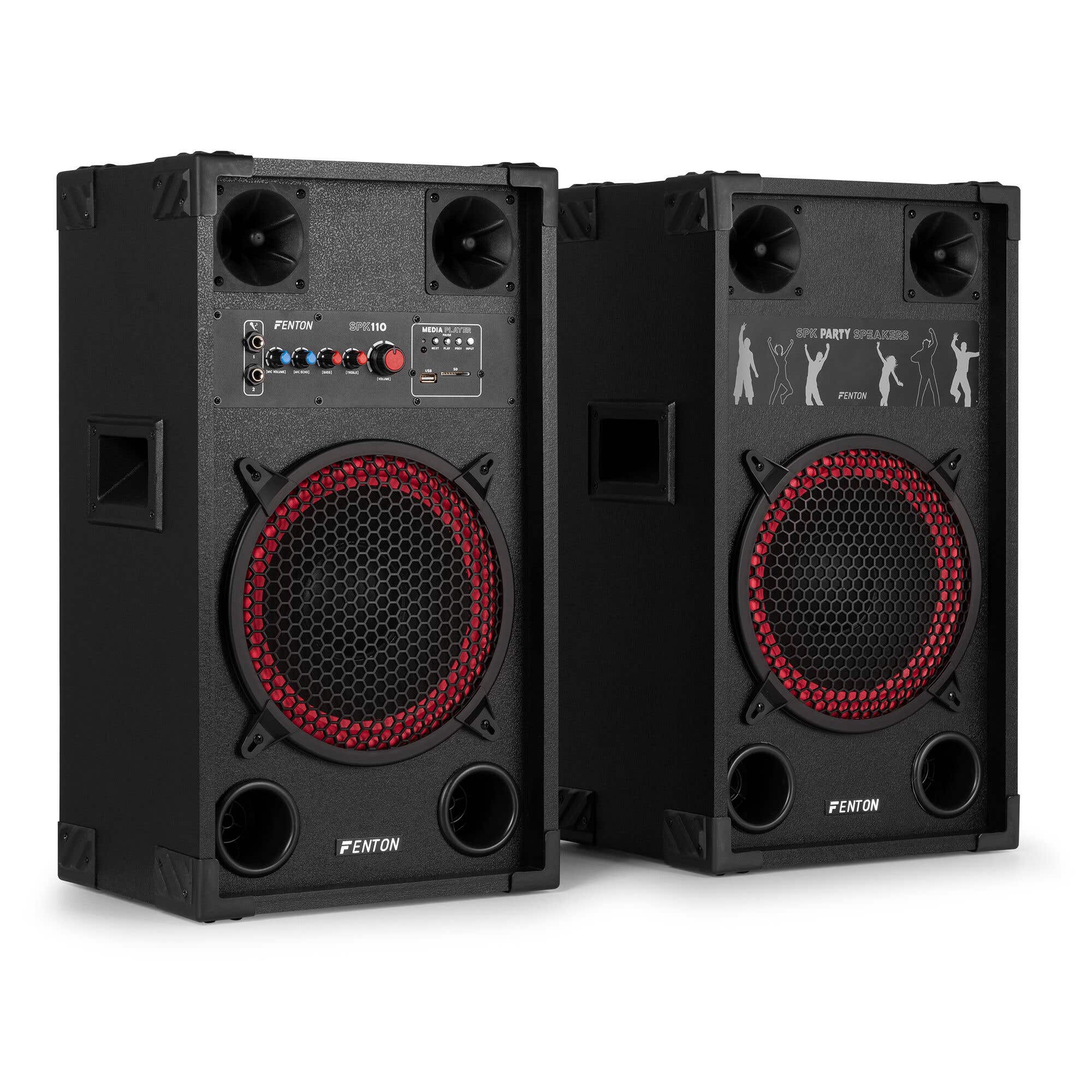 Reacondicionado - Fenton SPK-110 – Altavoces activos PA de 10” con Bluetooth, MP3, doble micro y sonido potente para fiestas y karaoke